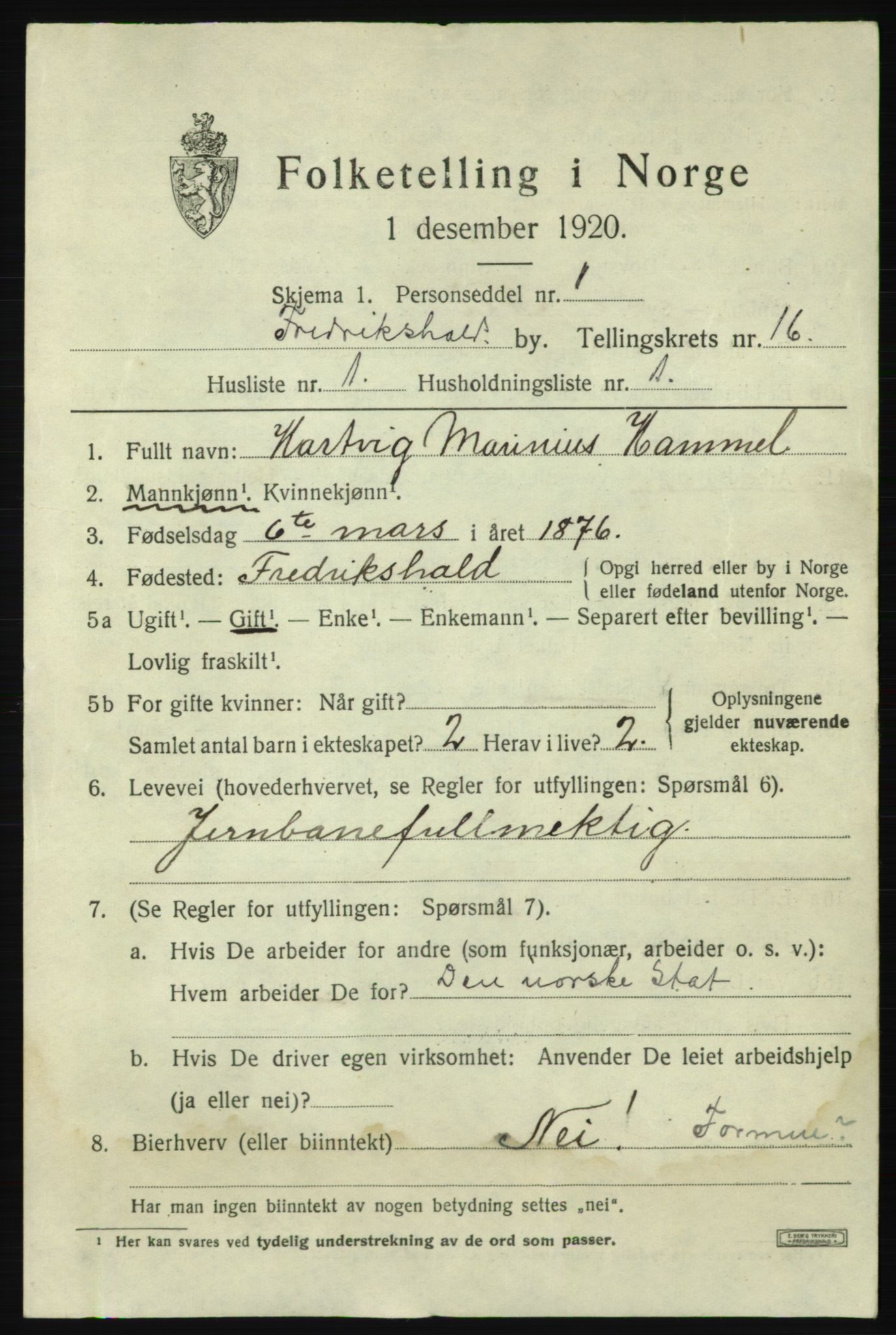 SAO, 1920 census for Fredrikshald, 1920, p. 24733