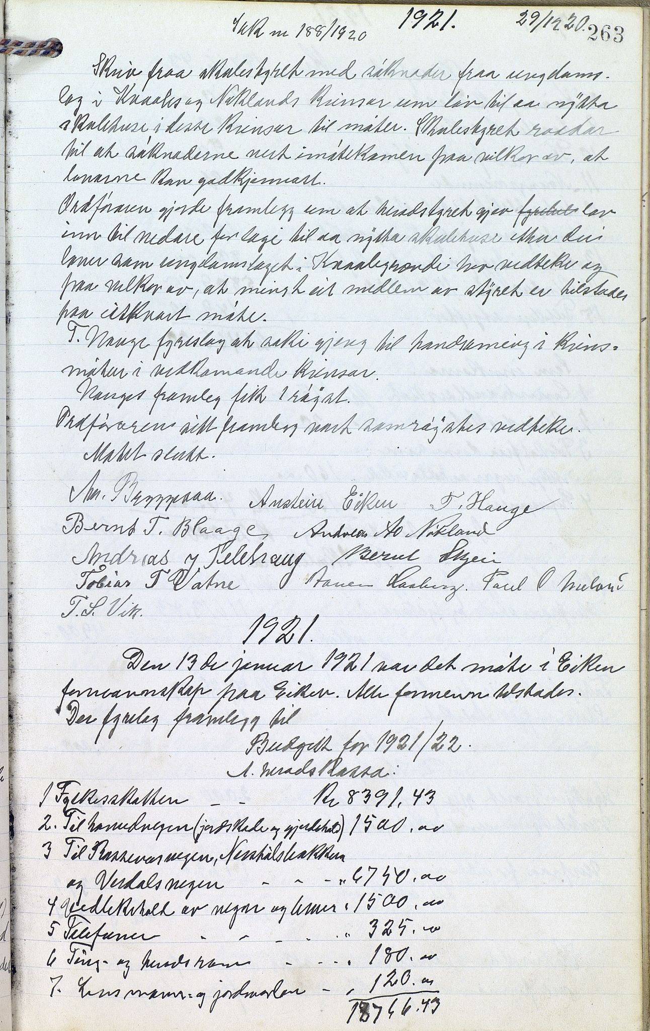 Eiken kommune - Formannskapet, ARKSOR/1034EI120/A/L0001: Møtebok, 1916-1925, p. 263