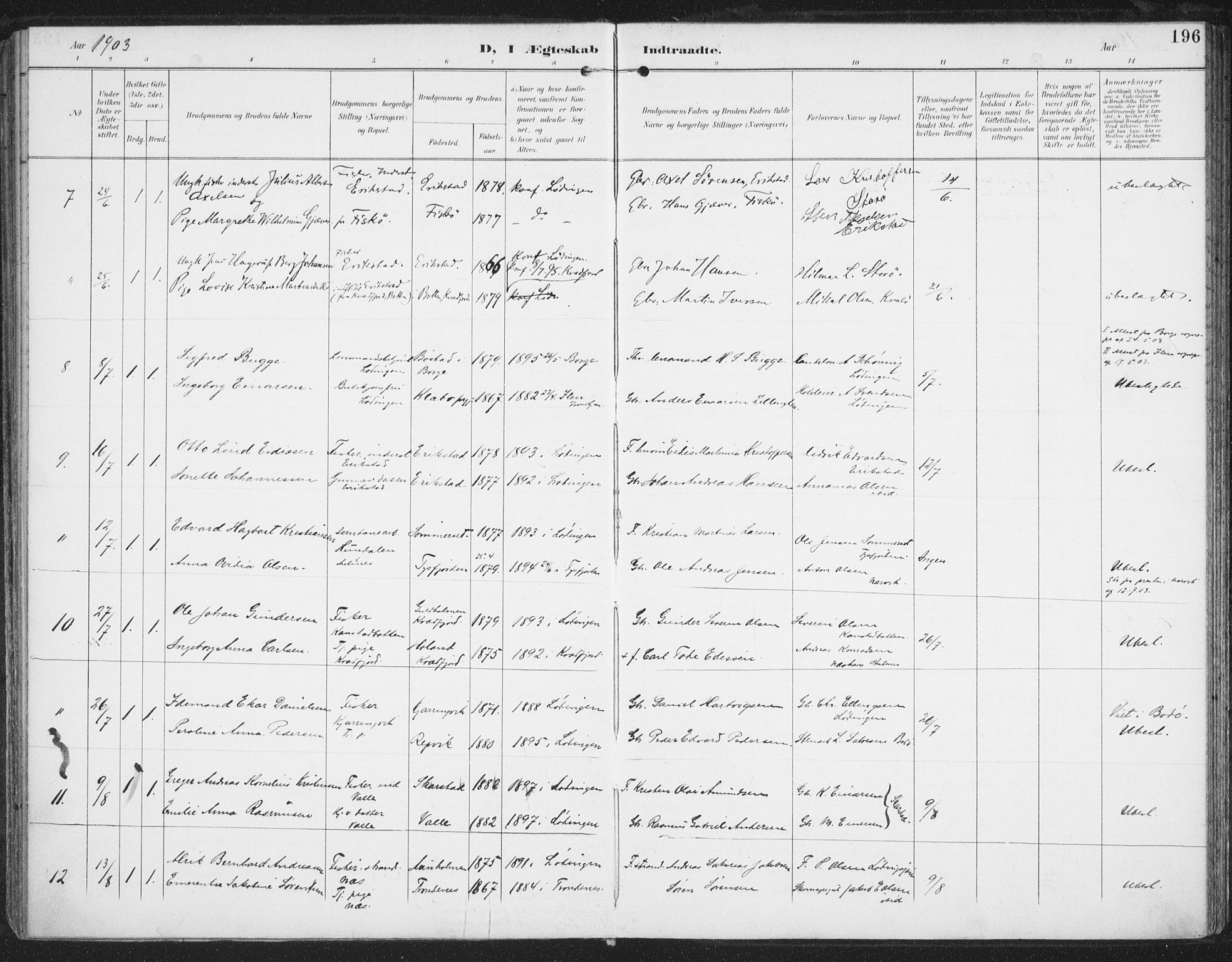 Ministerialprotokoller, klokkerbøker og fødselsregistre - Nordland, AV/SAT-A-1459/872/L1036: Parish register (official) no. 872A11, 1897-1913, p. 196