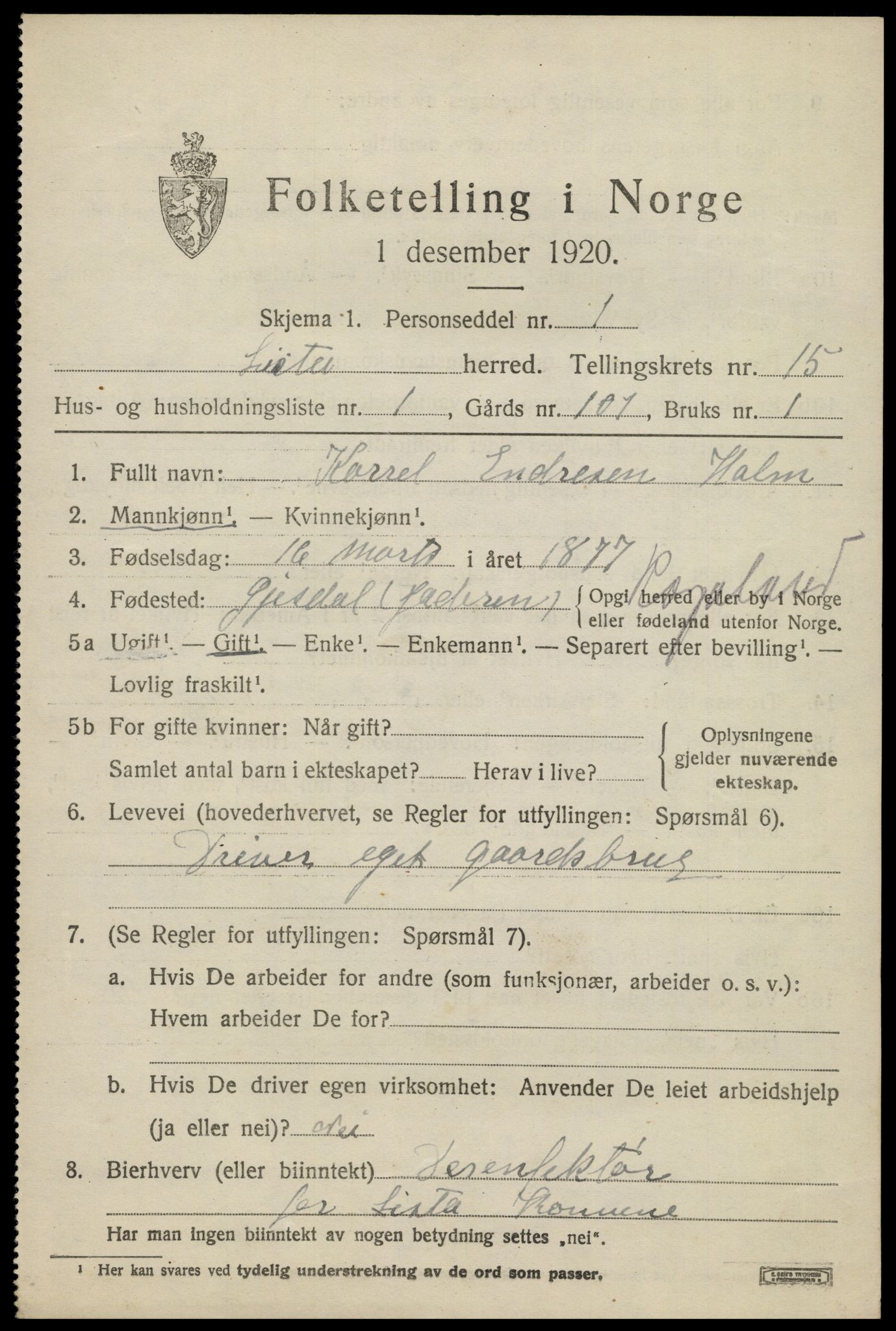 SAK, 1920 census for Lista, 1920, p. 12577