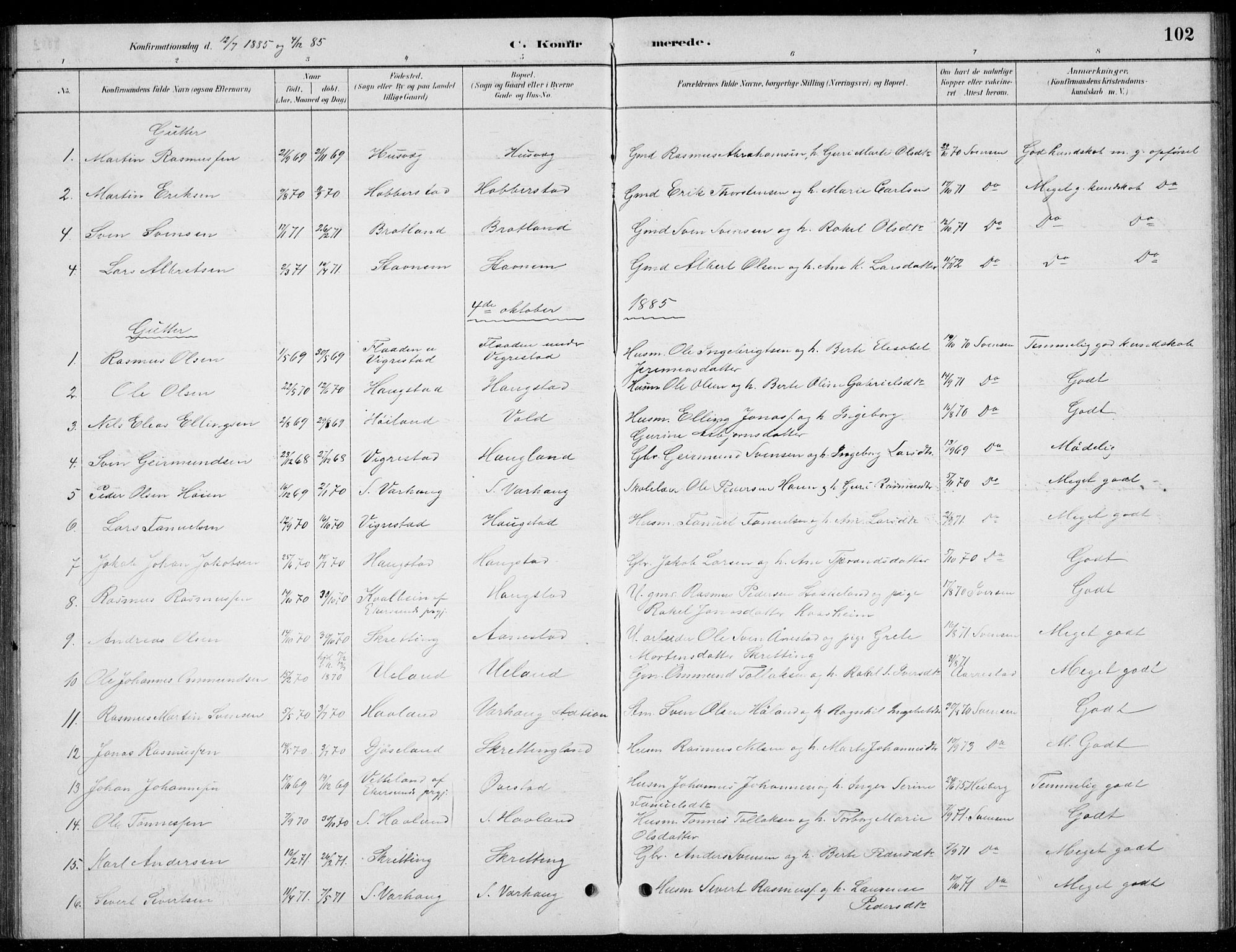 Hå sokneprestkontor, AV/SAST-A-101801/001/30BB/L0004: Parish register (copy) no. B 4, 1883-1899, p. 102