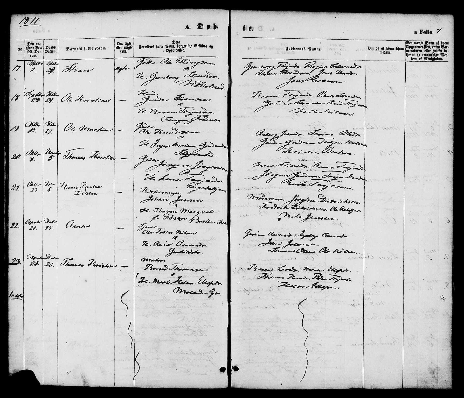 Austre Moland sokneprestkontor, AV/SAK-1111-0001/F/Fa/Faa/L0009: Parish register (official) no. A 9, 1869-1879, p. 7