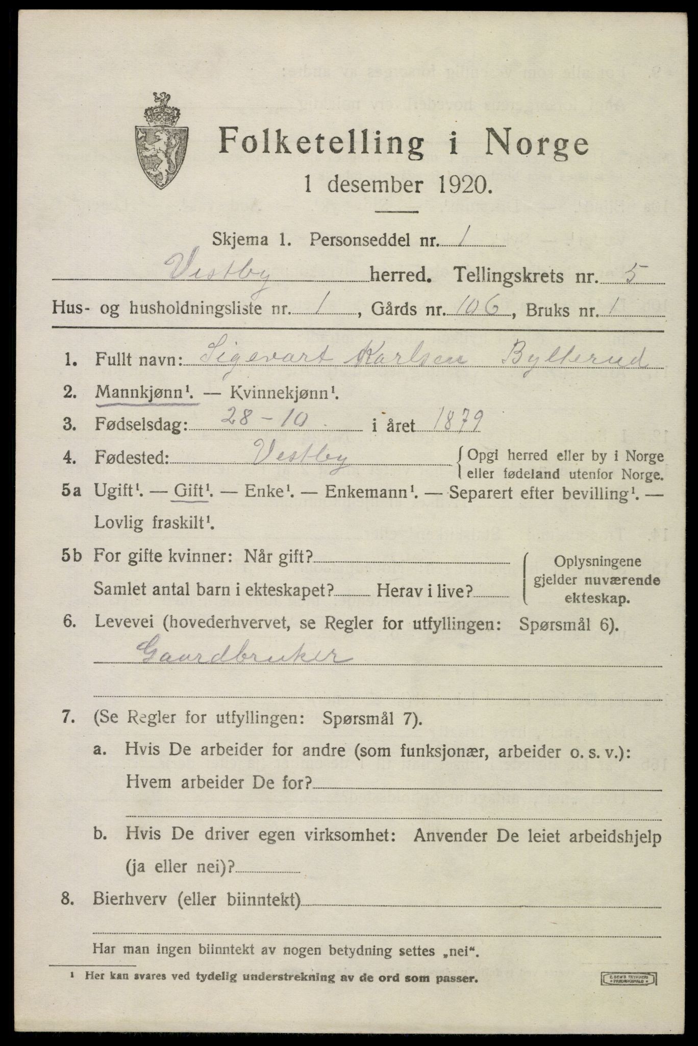 SAO, 1920 census for Vestby, 1920, p. 5277