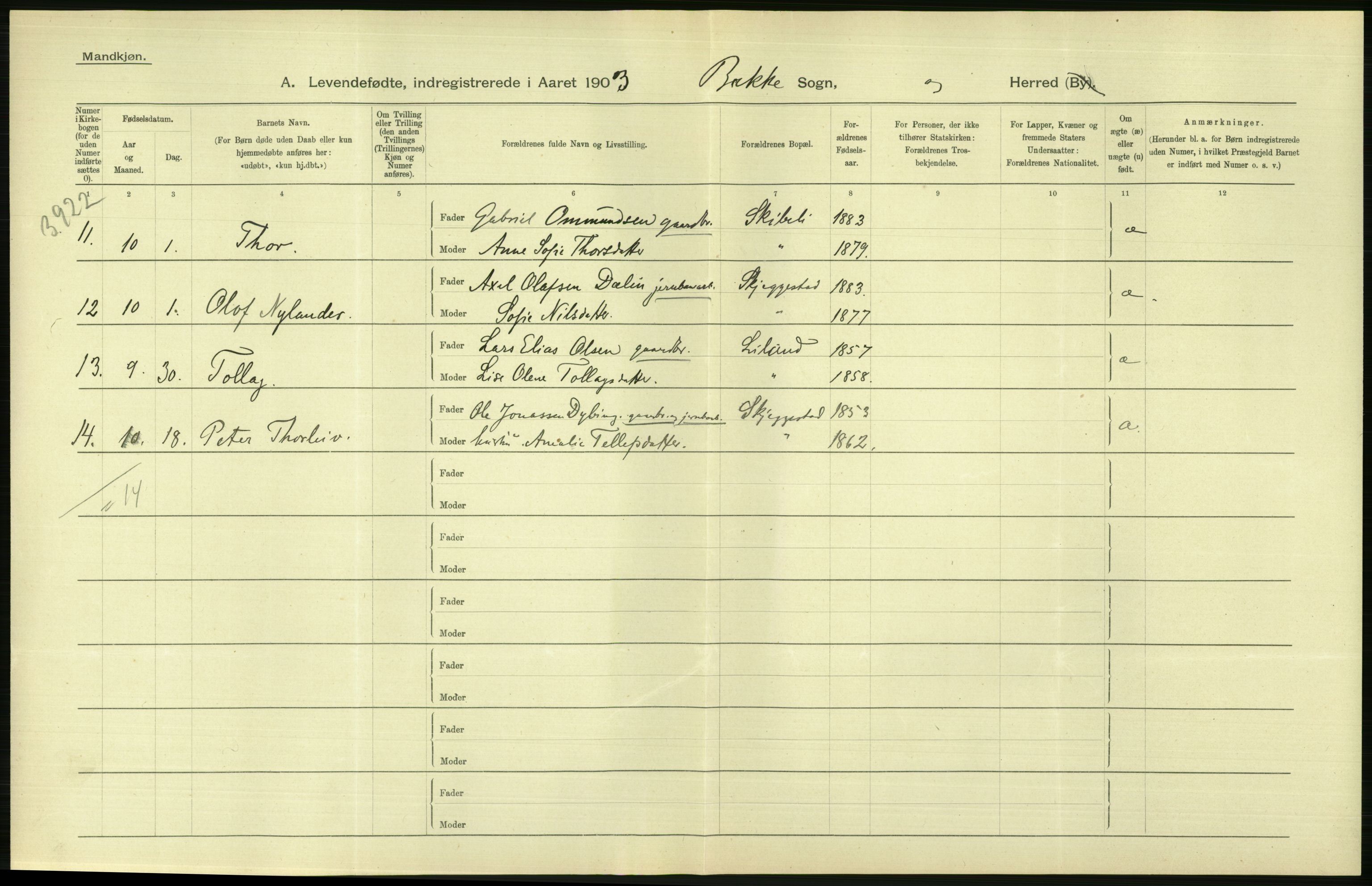 Statistisk sentralbyrå, Sosiodemografiske emner, Befolkning, AV/RA-S-2228/D/Df/Dfa/Dfaa/L0011: Lister og Mandal amt: Fødte, gifte, døde, 1903, p. 18