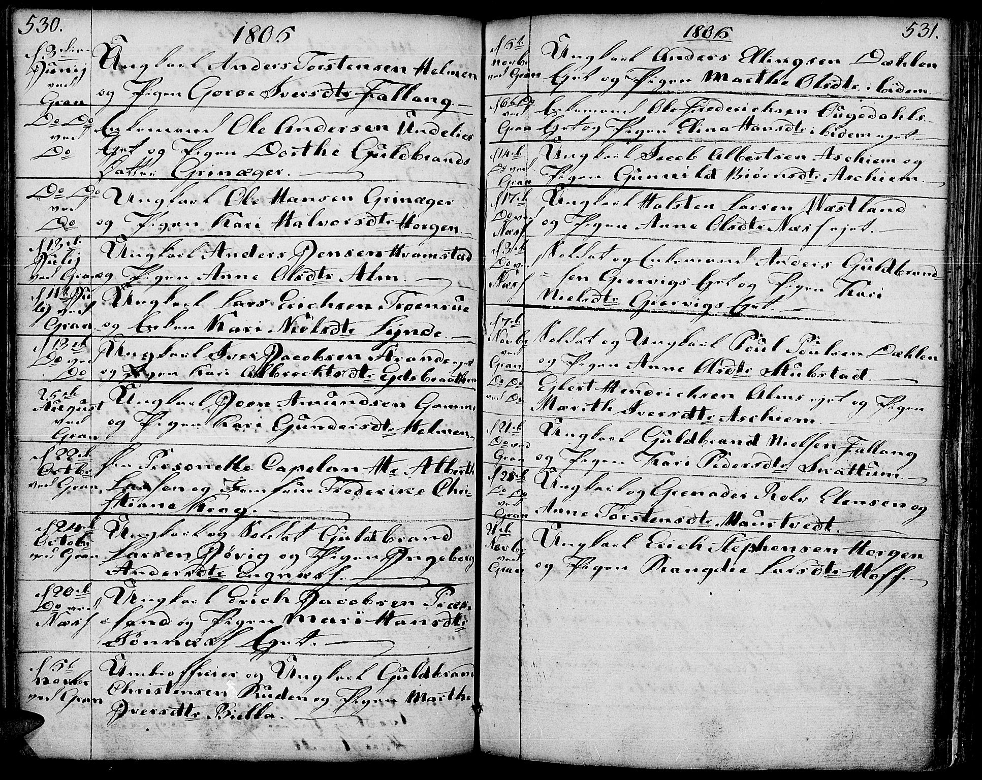 Gran prestekontor, SAH/PREST-112/H/Ha/Haa/L0006: Parish register (official) no. 6, 1787-1824, p. 530-531