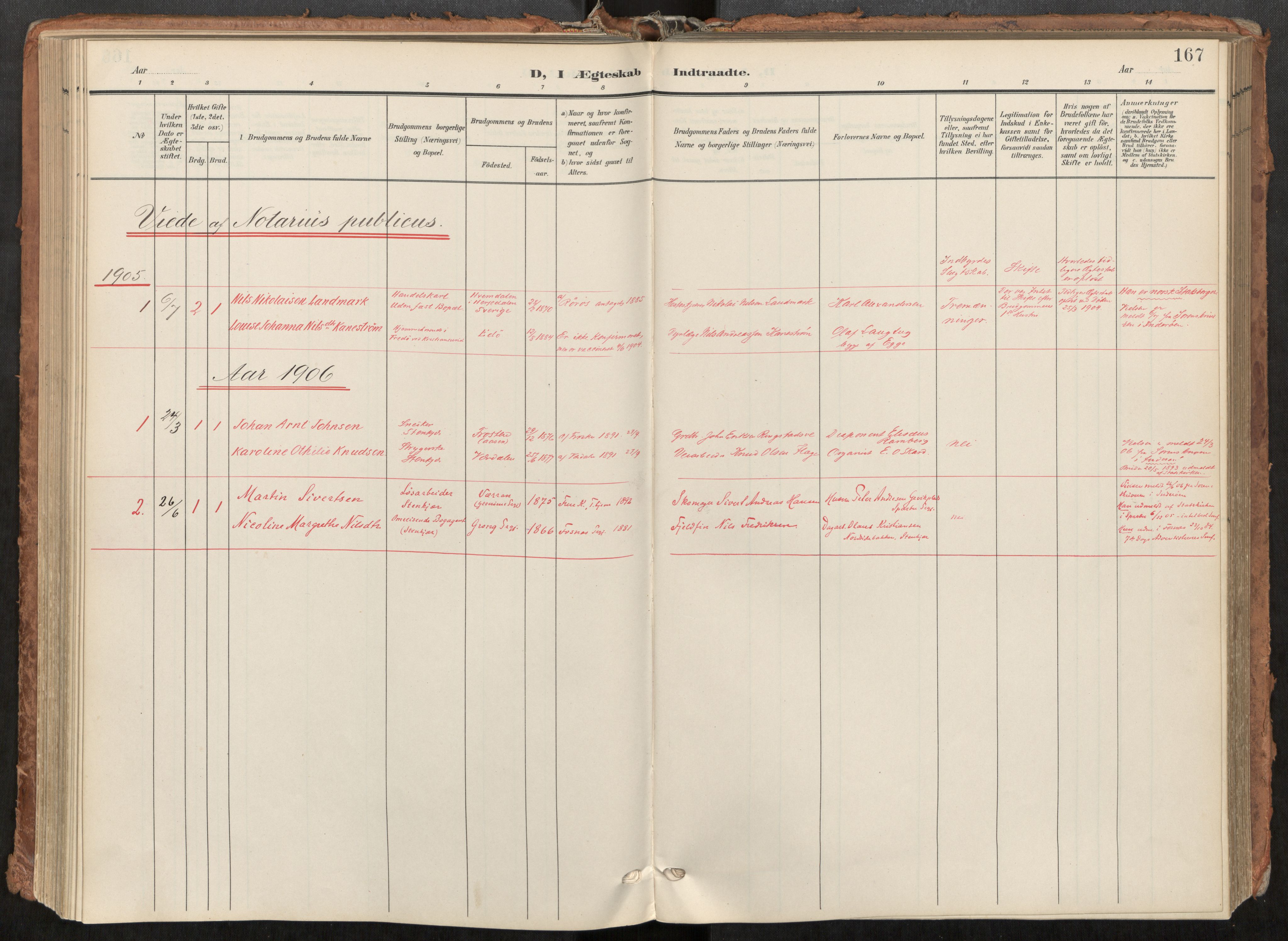 Steinkjer sokneprestkontor, AV/SAT-A-1541/01/H/Ha/Haa/L0001: Parish register (official) no. 1, 1904-1912, p. 167