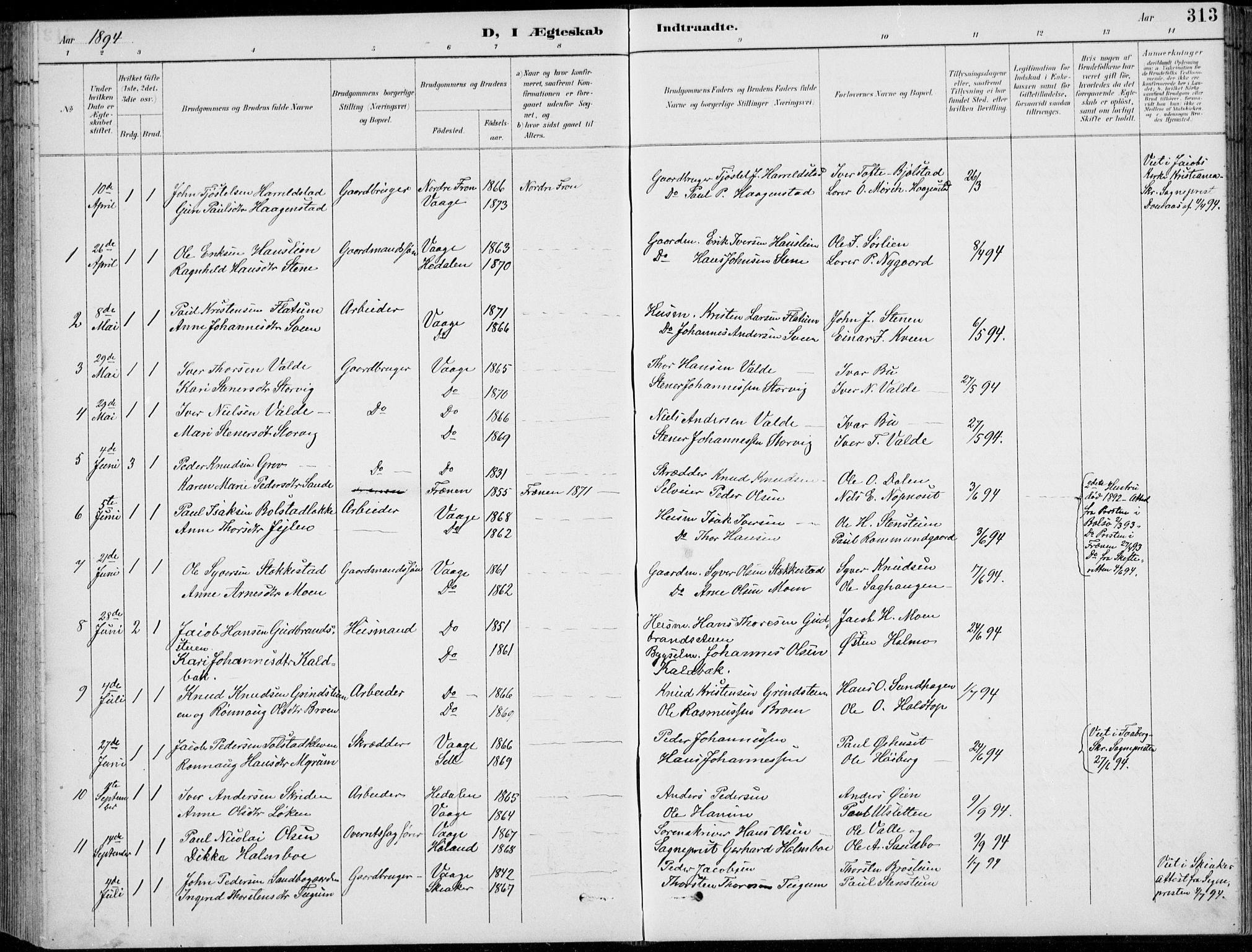 Vågå prestekontor, SAH/PREST-076/H/Ha/Hab/L0002: Parish register (copy) no. 2, 1894-1939, p. 313