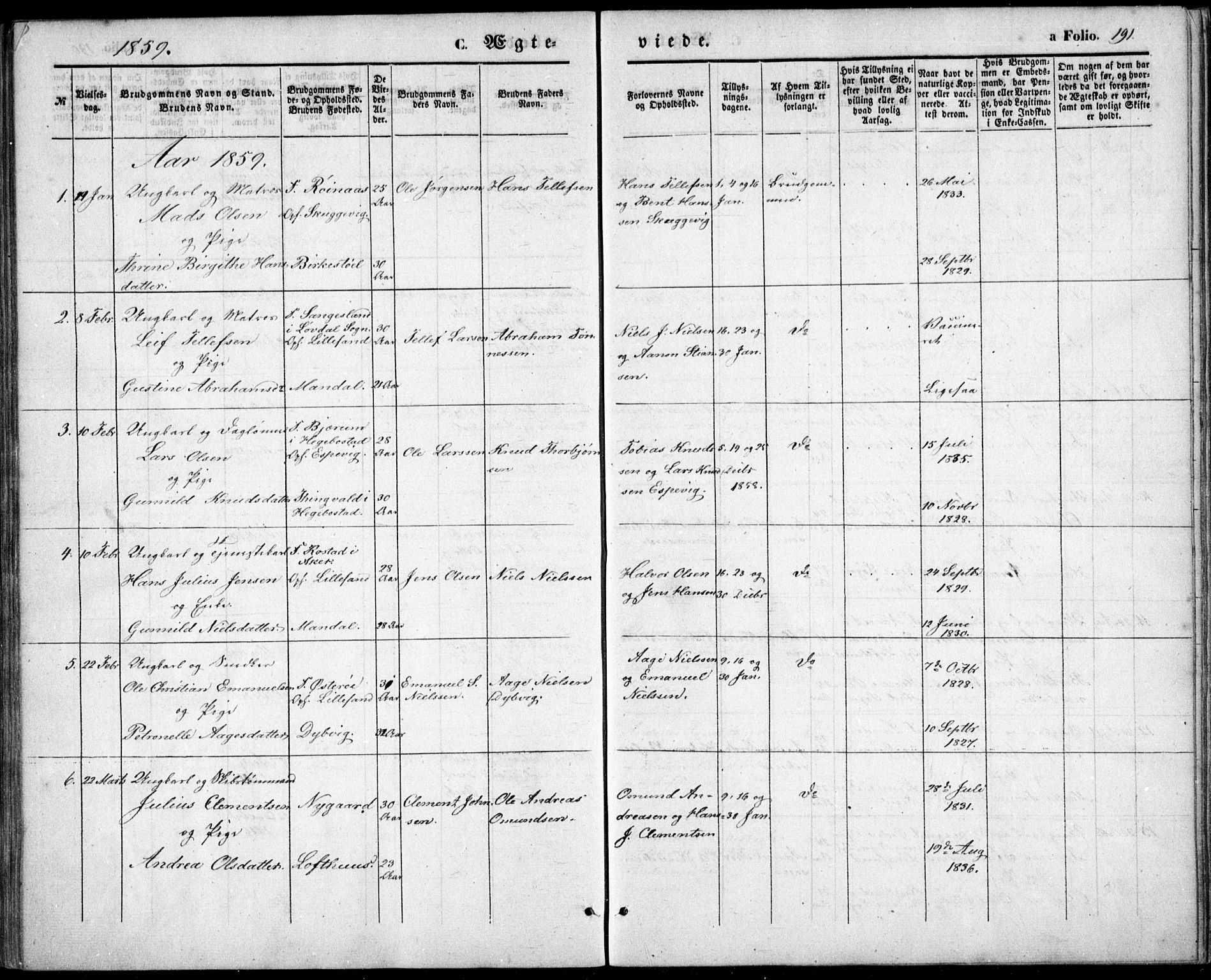 Vestre Moland sokneprestkontor, SAK/1111-0046/F/Fb/Fbb/L0003: Parish register (copy) no. B 3, 1851-1861, p. 191