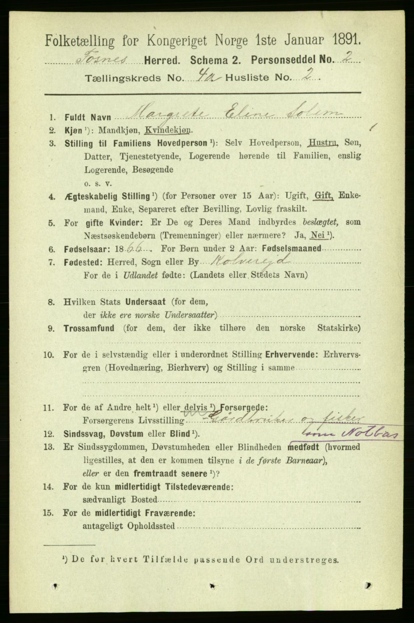 RA, 1891 census for 1748 Fosnes, 1891, p. 1392