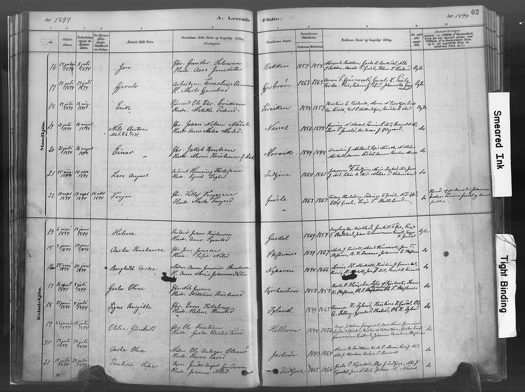 Hommedal sokneprestkontor, SAK/1111-0023/F/Fa/Fab/L0006: Parish register (official) no. A 6, 1878-1897, p. 62