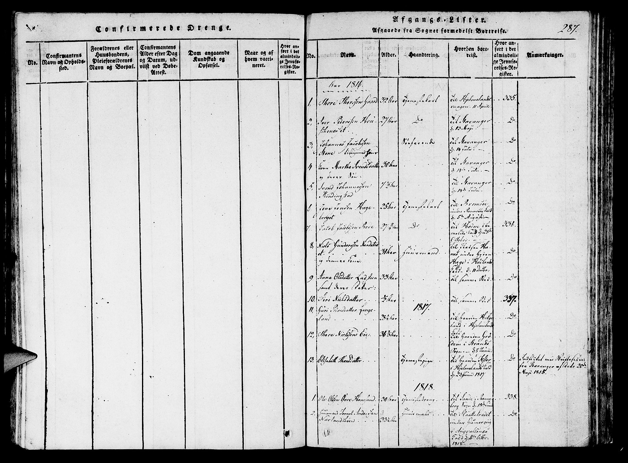 Finnøy sokneprestkontor, SAST/A-101825/H/Ha/Haa/L0006: Parish register (official) no. A 6, 1816-1846, p. 287
