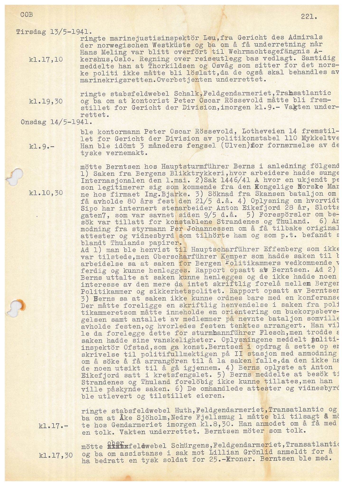 Bergen politikammer / politidistrikt, AV/SAB-A-60401/Y/Ye/L0001: Avskrift av krigsdagbok av Dankert Thuland, 1940-1941, p. 221