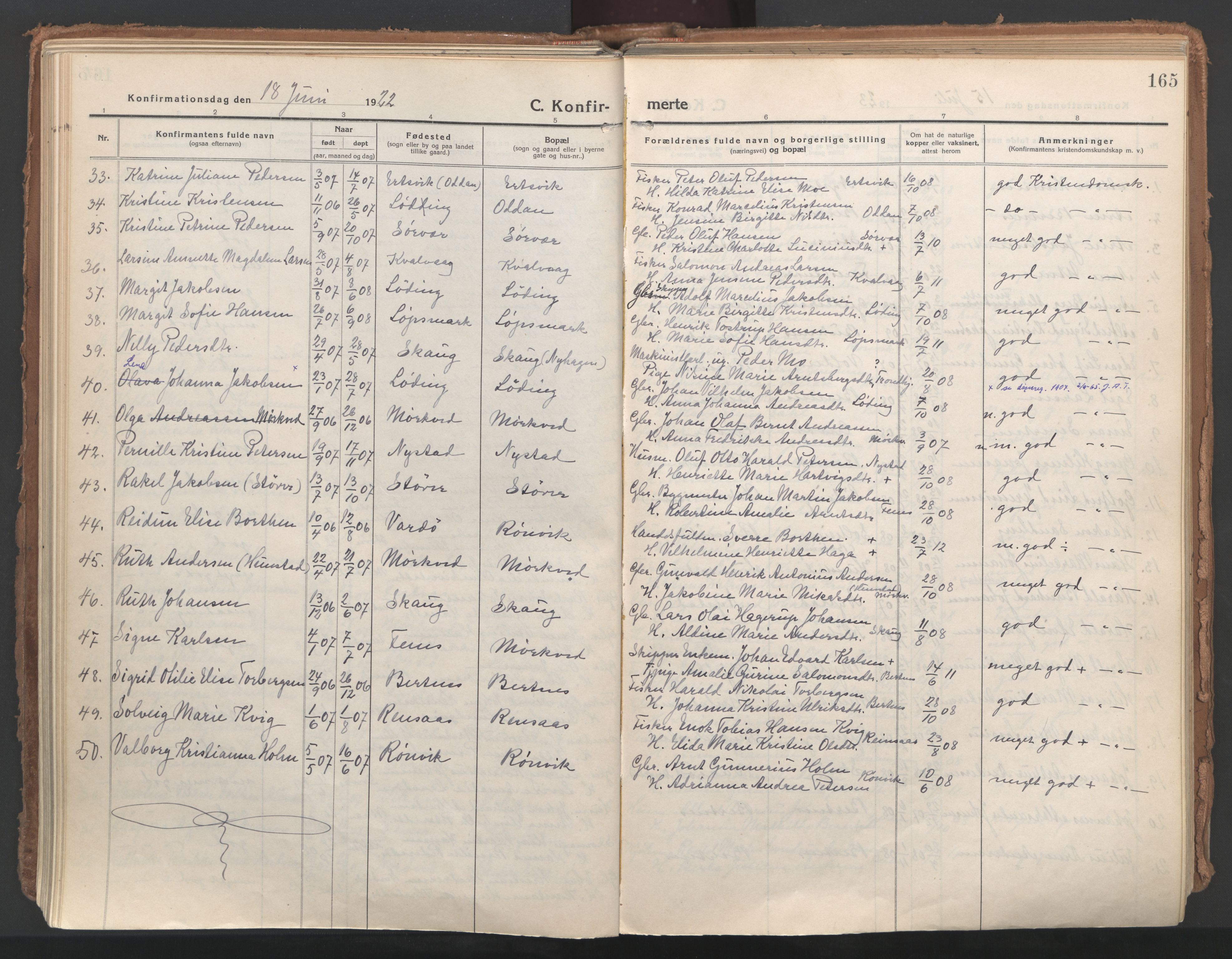 Ministerialprotokoller, klokkerbøker og fødselsregistre - Nordland, AV/SAT-A-1459/802/L0060: Parish register (official) no. 802A07, 1916-1933, p. 165