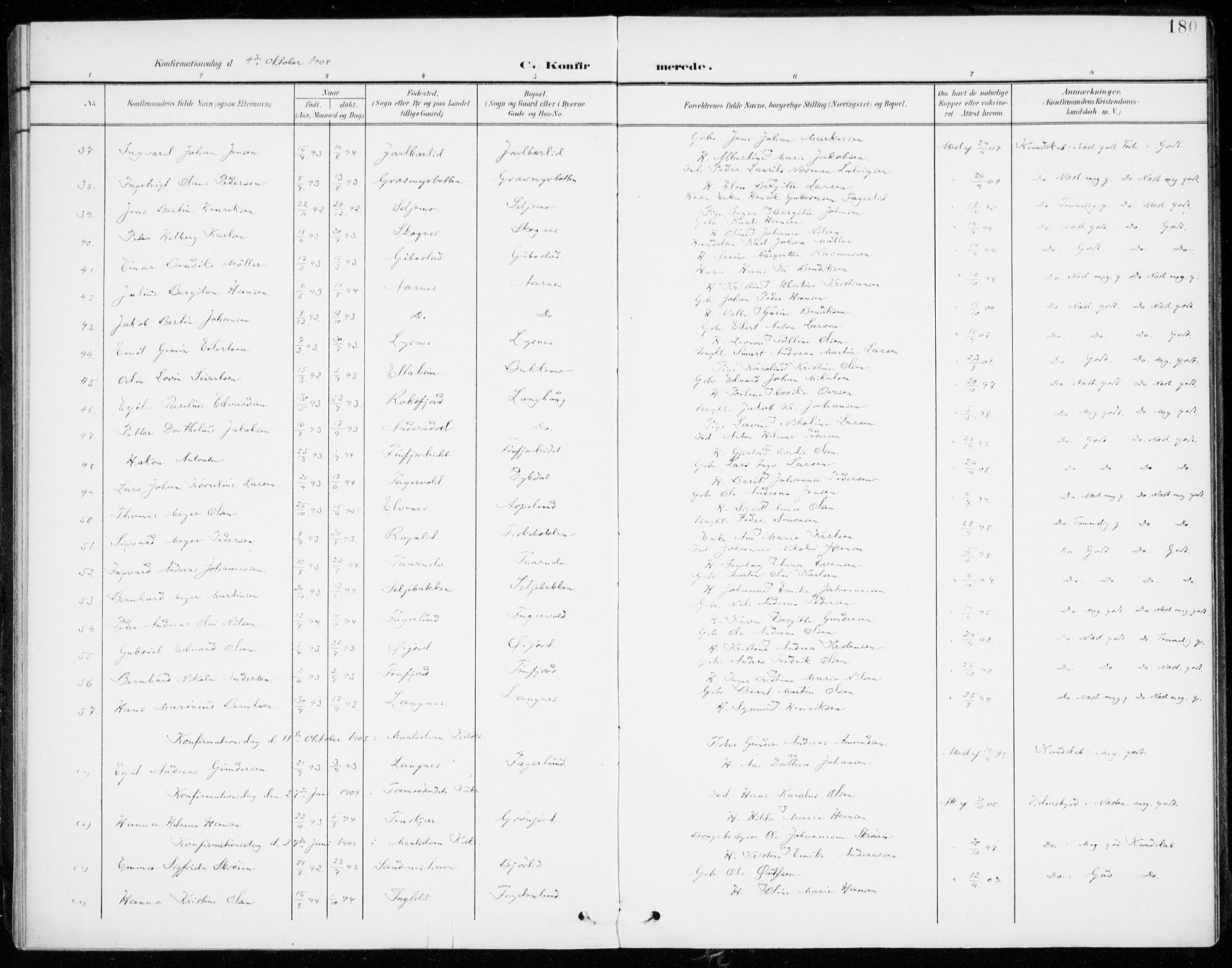 Lenvik sokneprestembete, AV/SATØ-S-1310/H/Ha/Haa/L0014kirke: Parish register (official) no. 14, 1899-1909, p. 180