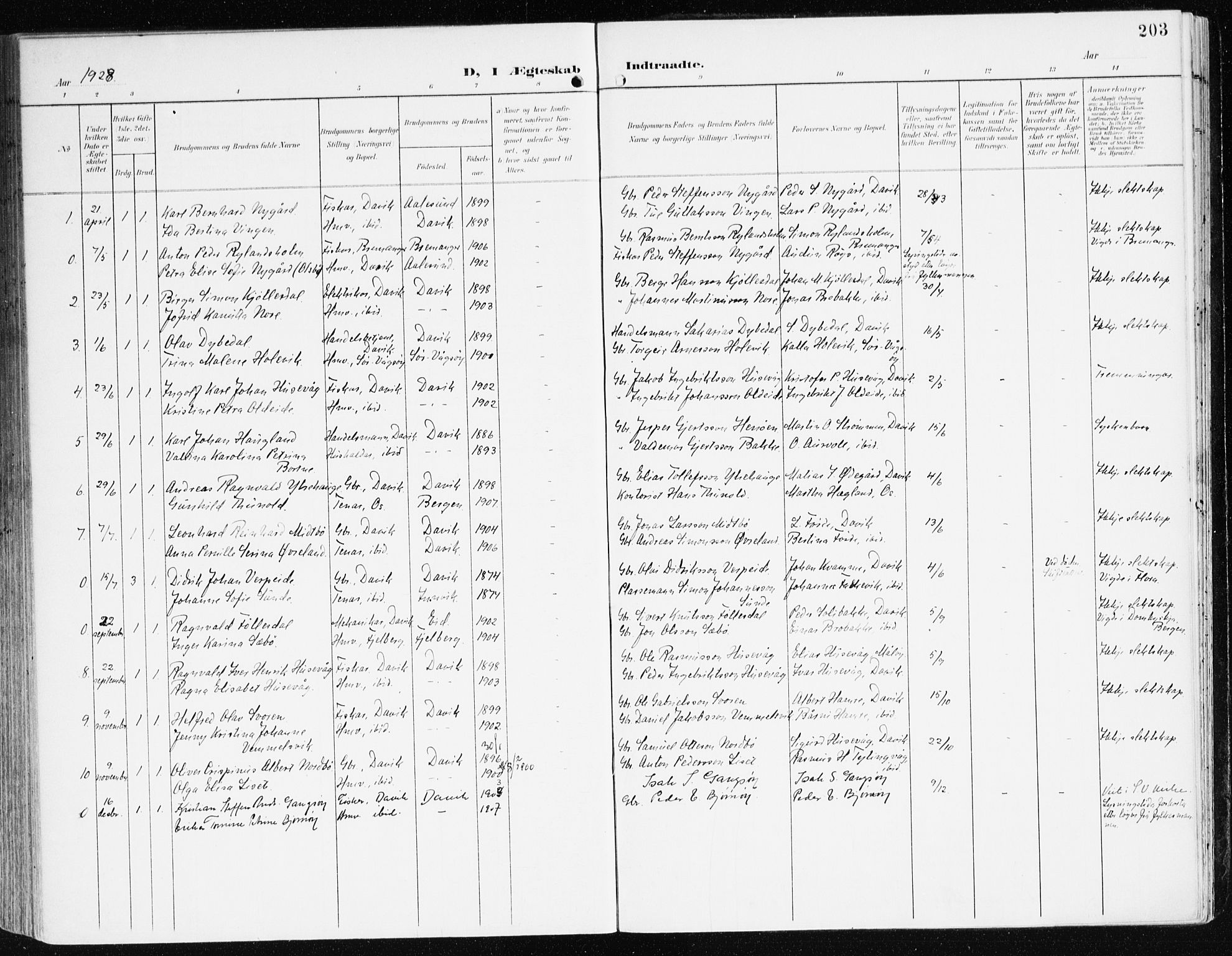 Davik sokneprestembete, AV/SAB-A-79701/H/Haa/Haad/L0002: Parish register (official) no. D 2, 1901-1930, p. 203