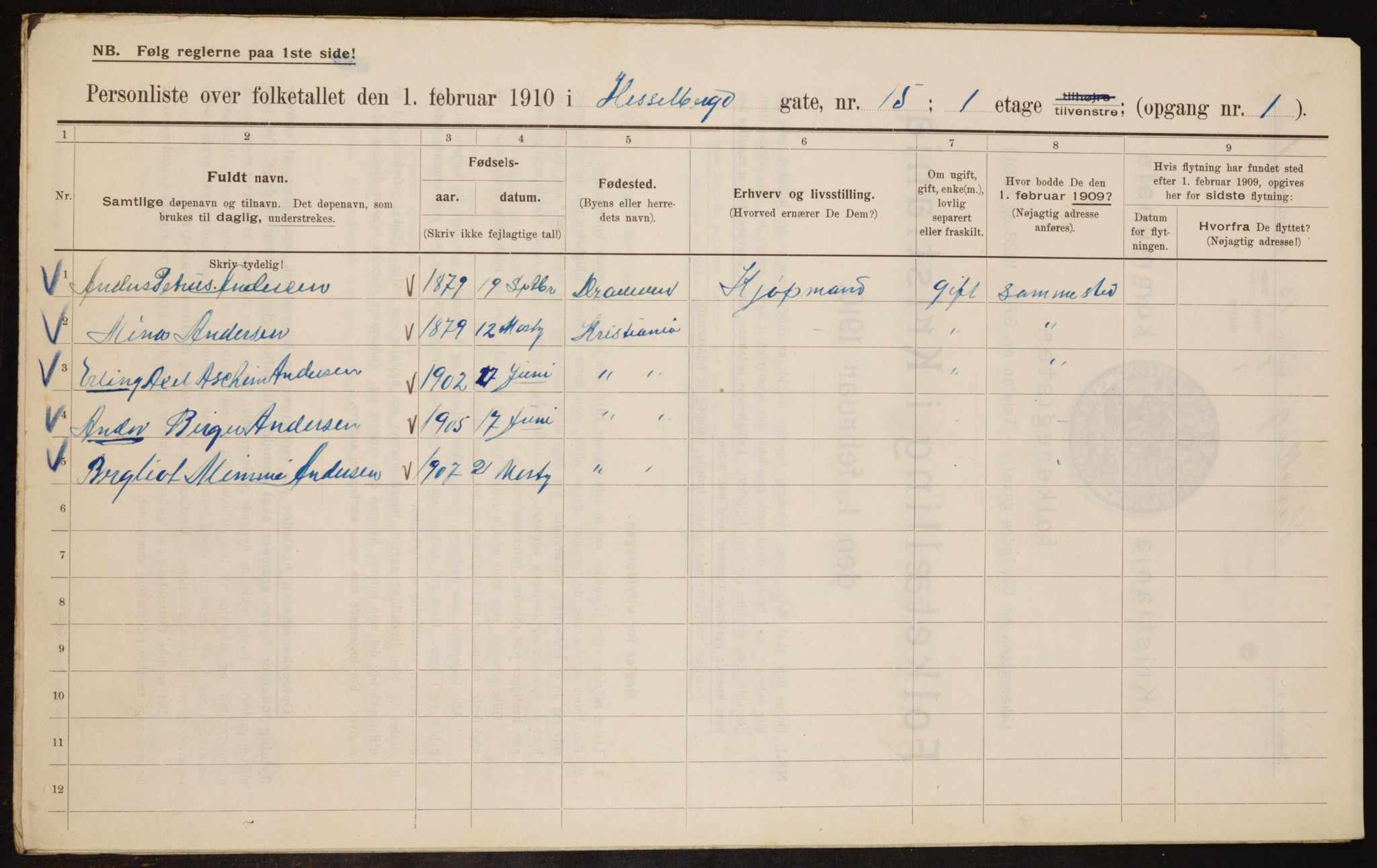 OBA, Municipal Census 1910 for Kristiania, 1910, p. 39391