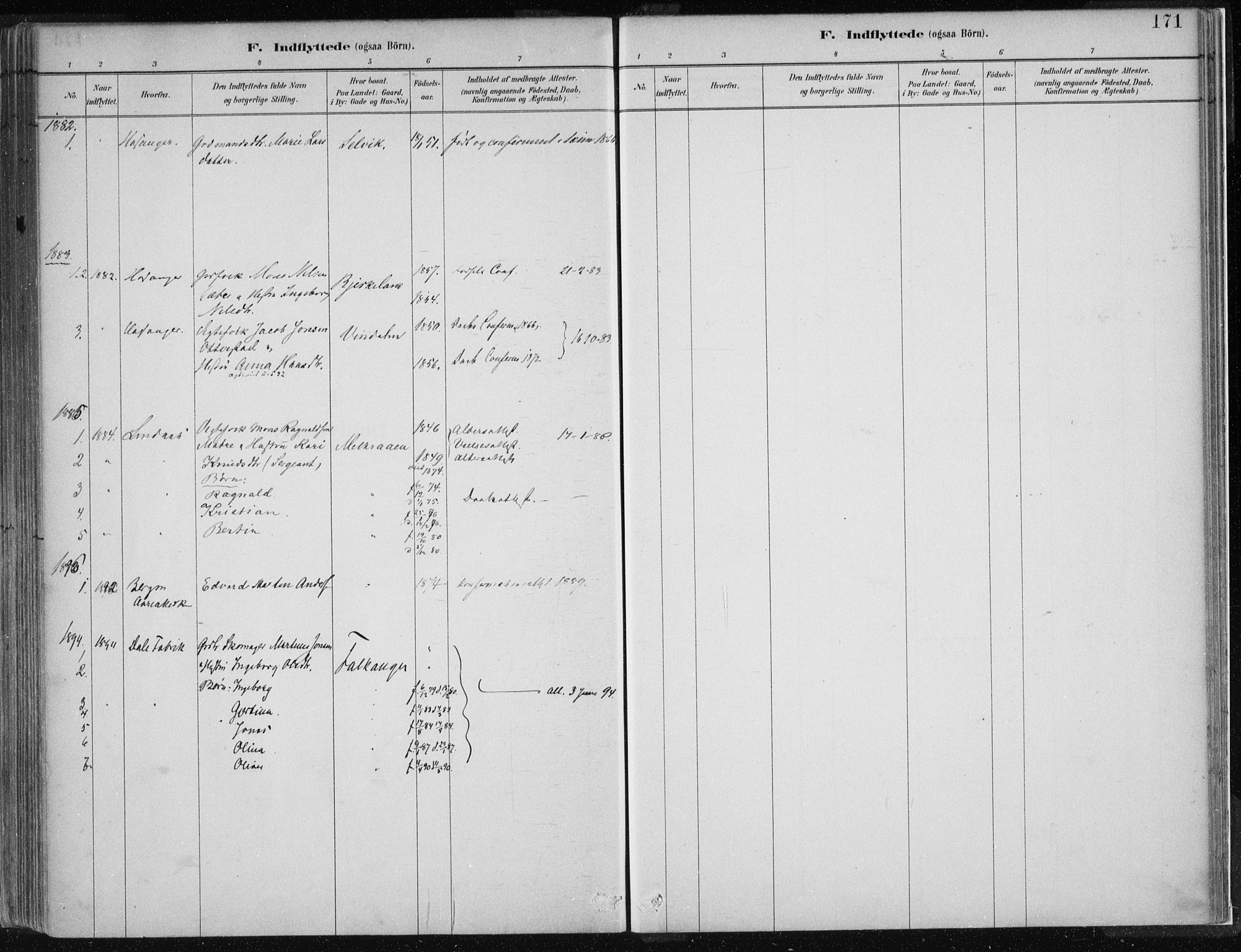 Hamre sokneprestembete, SAB/A-75501/H/Ha/Haa/Haad/L0001: Parish register (official) no. D  1, 1882-1906, p. 171