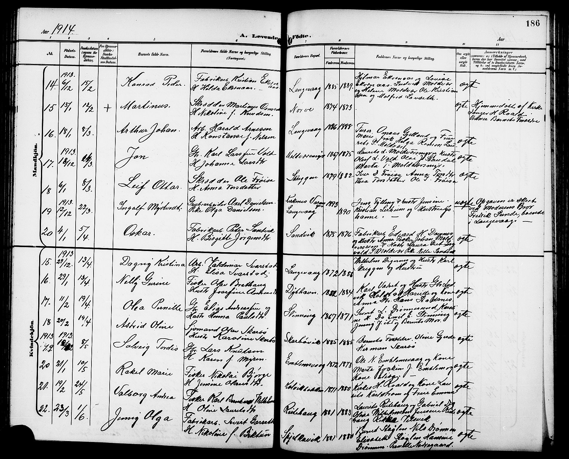 Ministerialprotokoller, klokkerbøker og fødselsregistre - Møre og Romsdal, AV/SAT-A-1454/528/L0432: Parish register (copy) no. 528C13, 1898-1918, p. 186