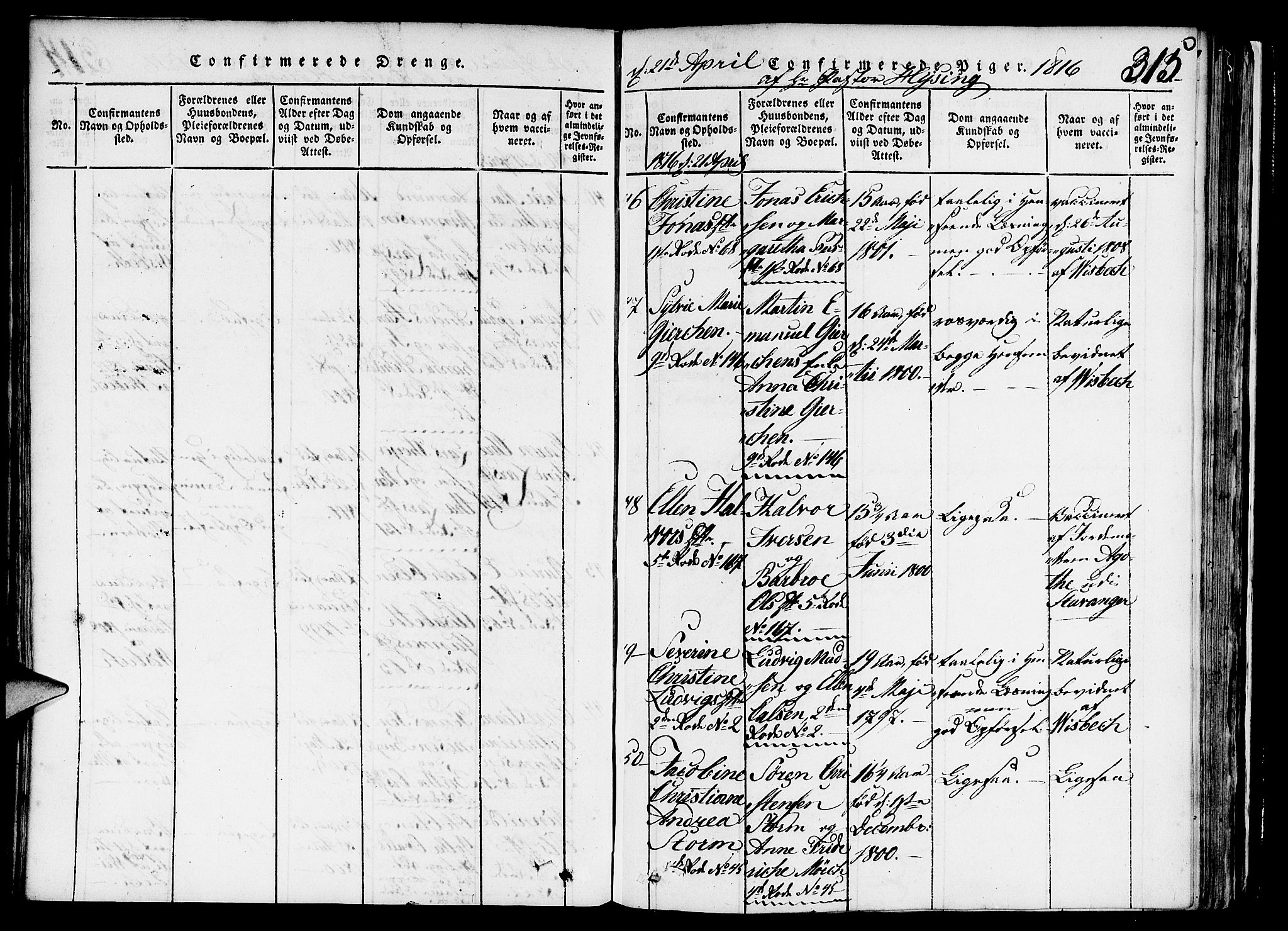 Nykirken Sokneprestembete, SAB/A-77101/H/Haa/L0011: Parish register (official) no. A 11, 1816-1821, p. 315