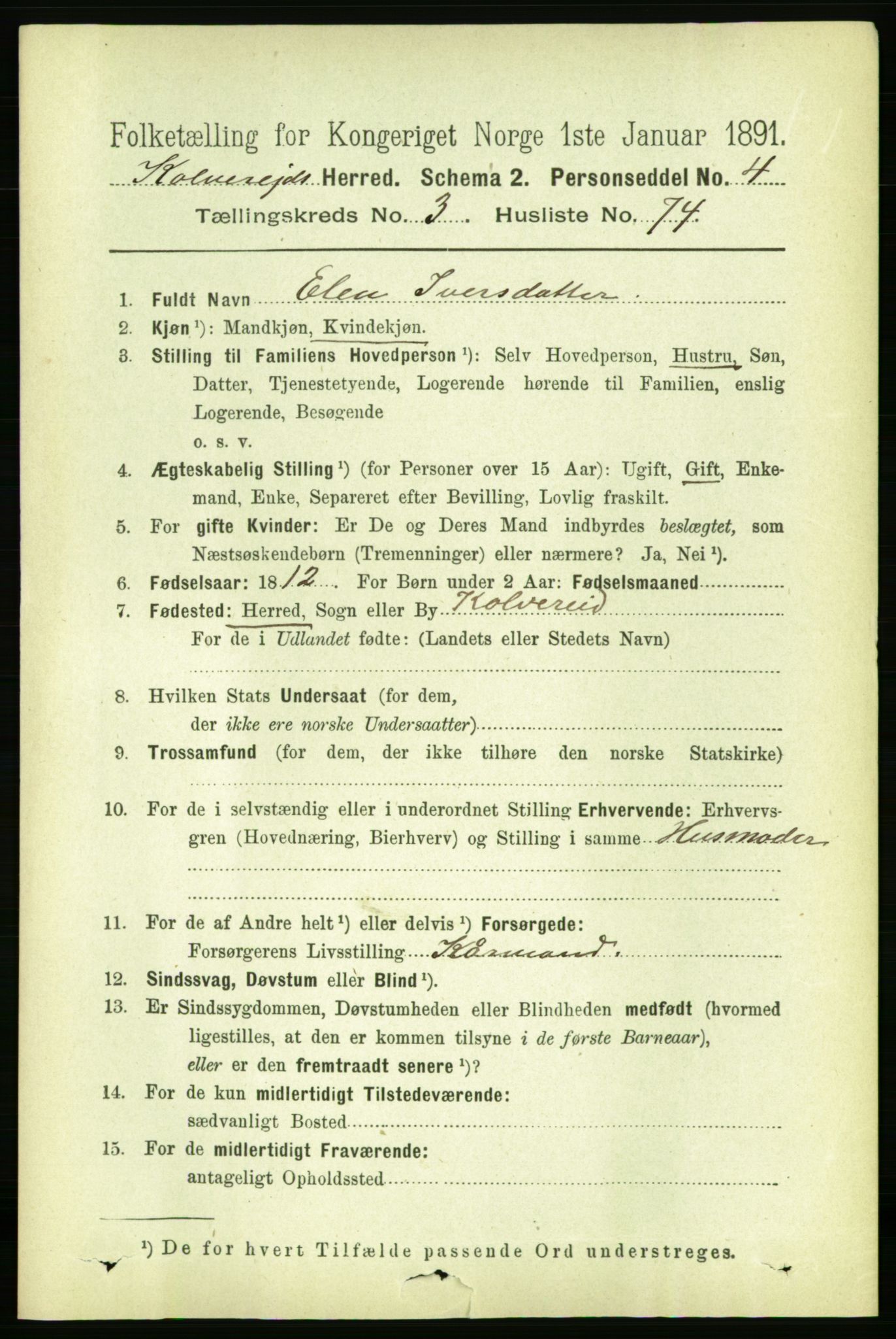 RA, 1891 census for 1752 Kolvereid, 1891, p. 1357