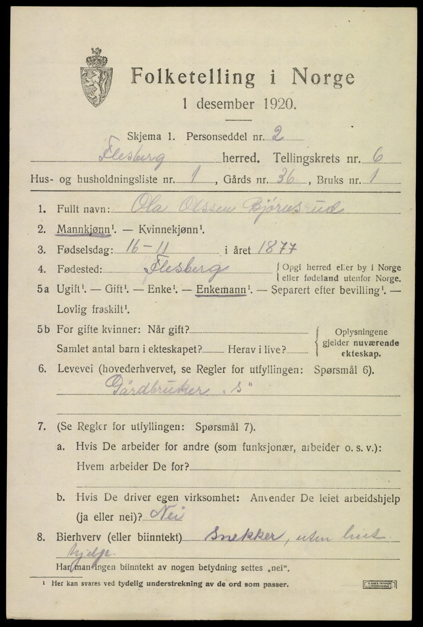 SAKO, 1920 census for Flesberg, 1920, p. 2615