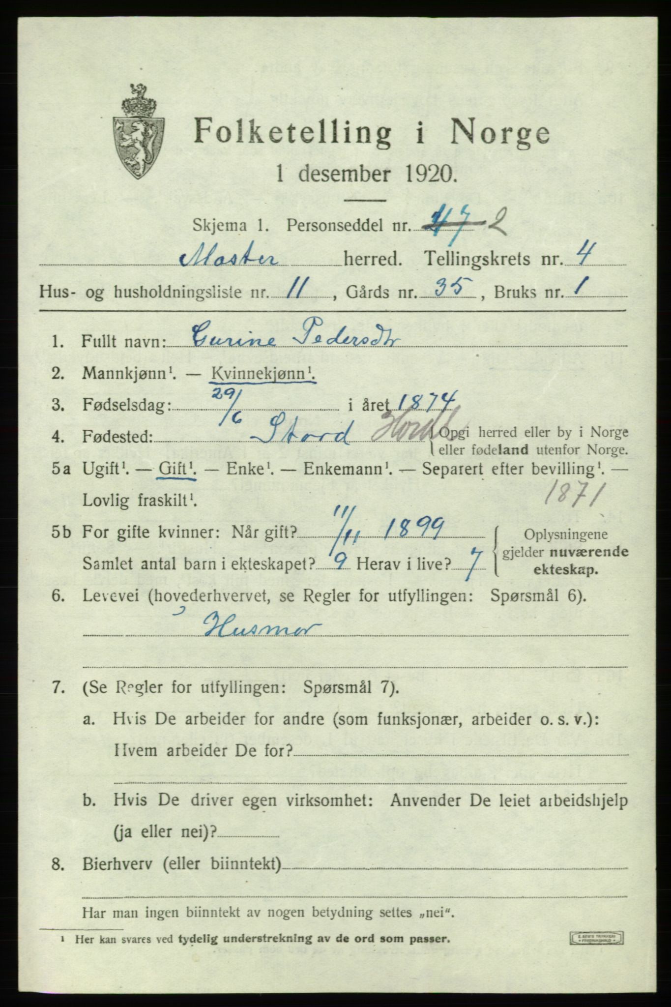 SAB, 1920 census for Moster, 1920, p. 1413