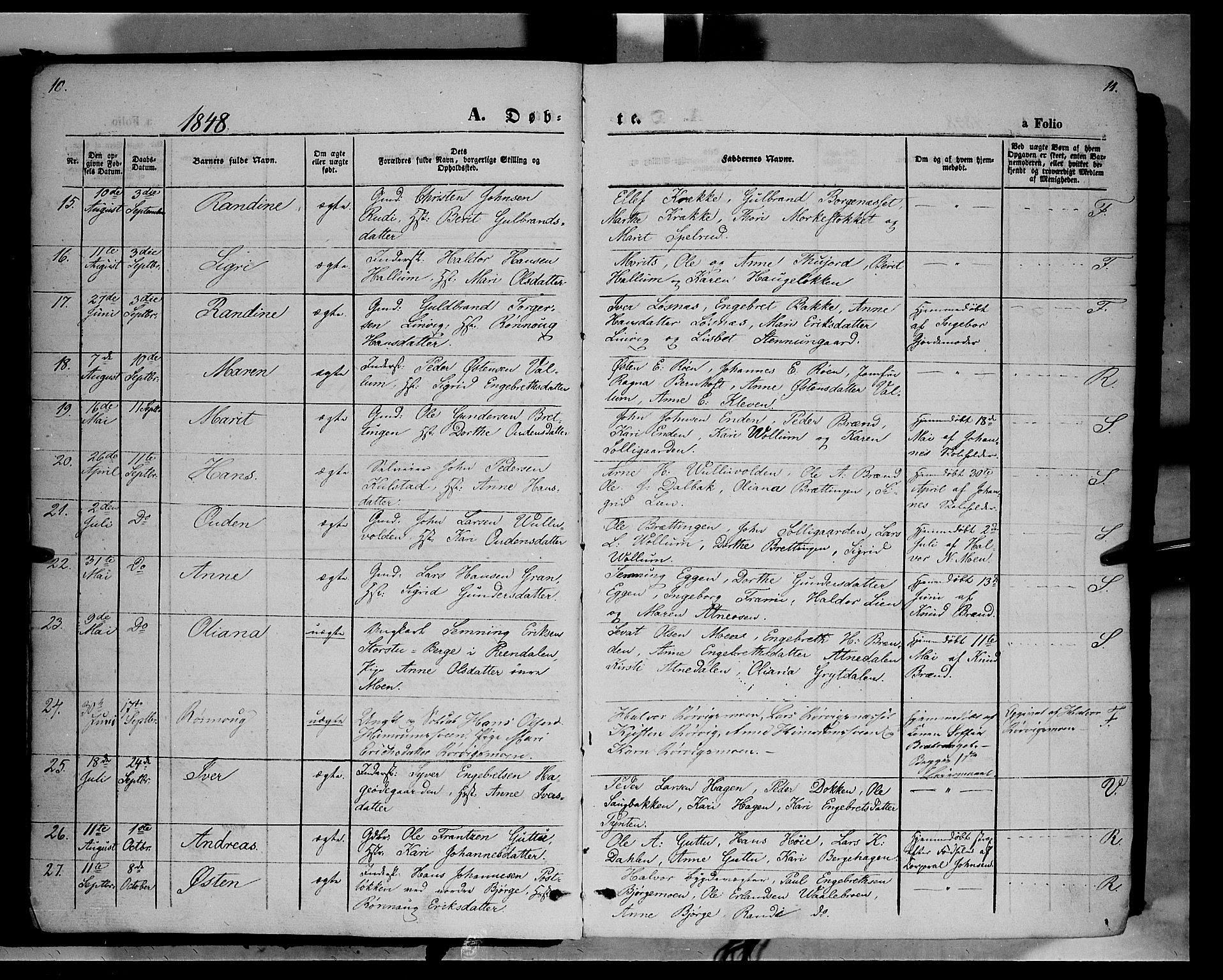 Ringebu prestekontor, SAH/PREST-082/H/Ha/Haa/L0006: Parish register (official) no. 6, 1848-1859, p. 10-11