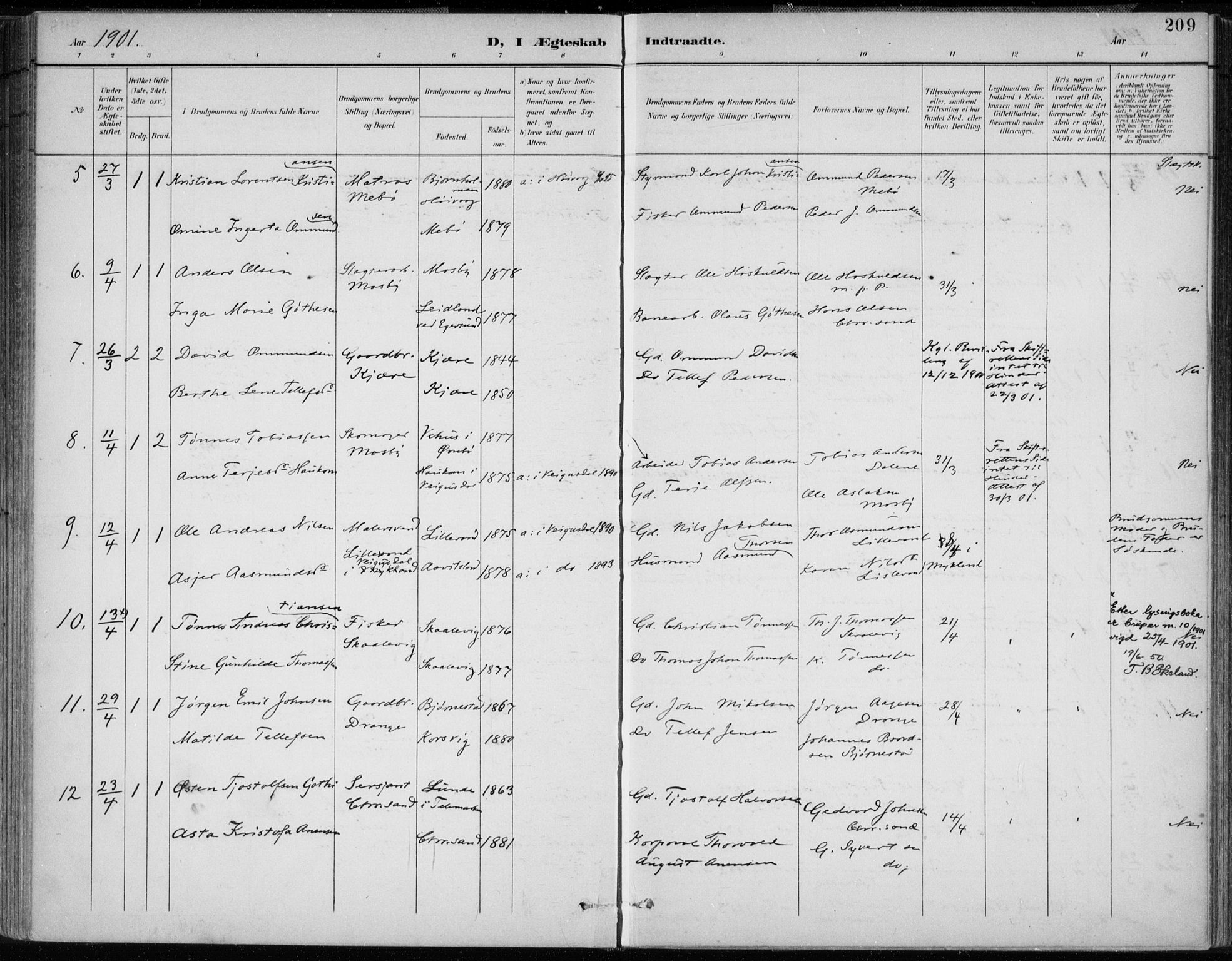 Oddernes sokneprestkontor, AV/SAK-1111-0033/F/Fa/Faa/L0010: Parish register (official) no. A 10, 1897-1911, p. 209