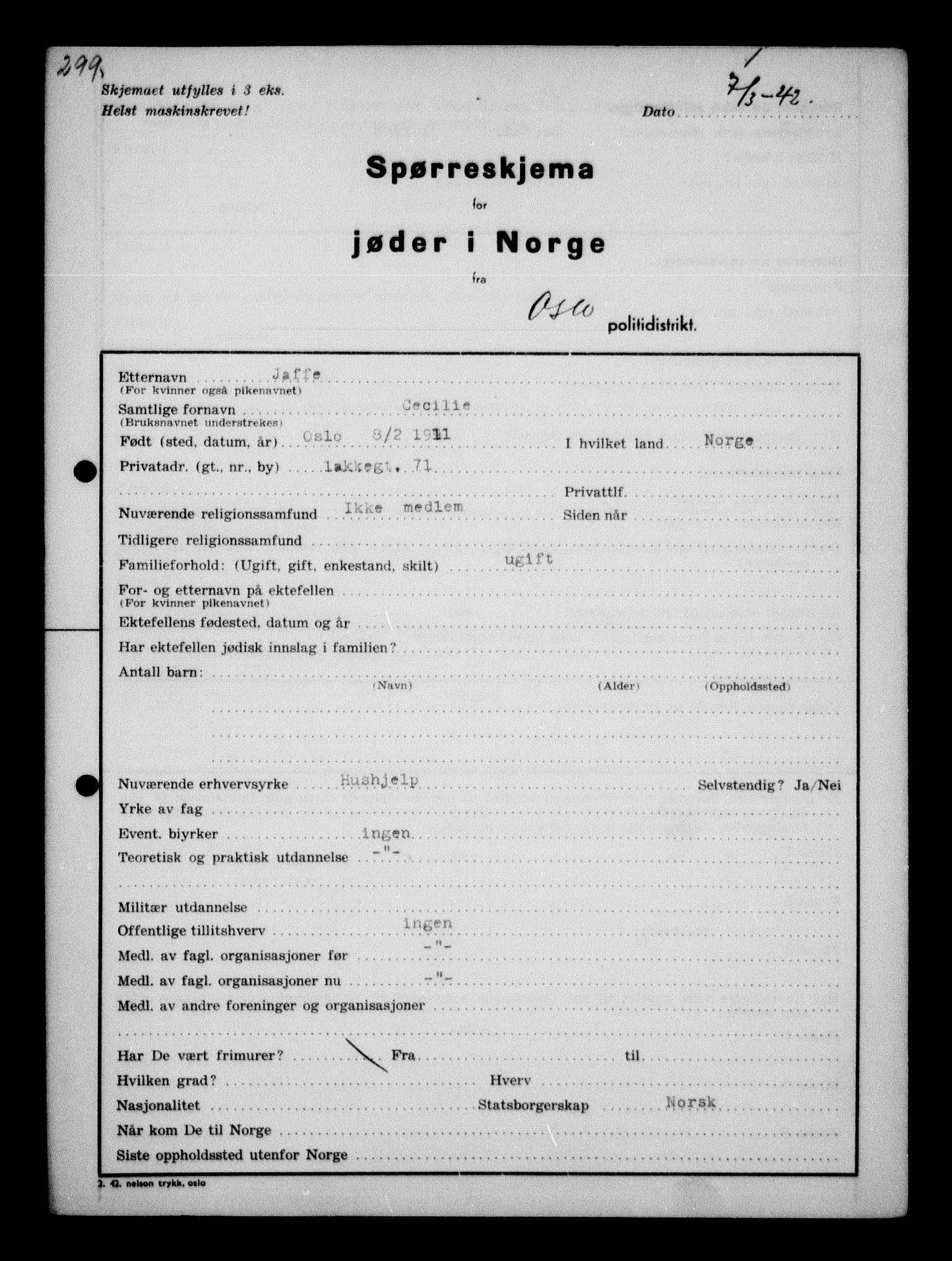 Statspolitiet - Hovedkontoret / Osloavdelingen, AV/RA-S-1329/G/Ga/L0010: Spørreskjema for jøder i Norge, Oslo Hansen-Pintzow, 1942, p. 113