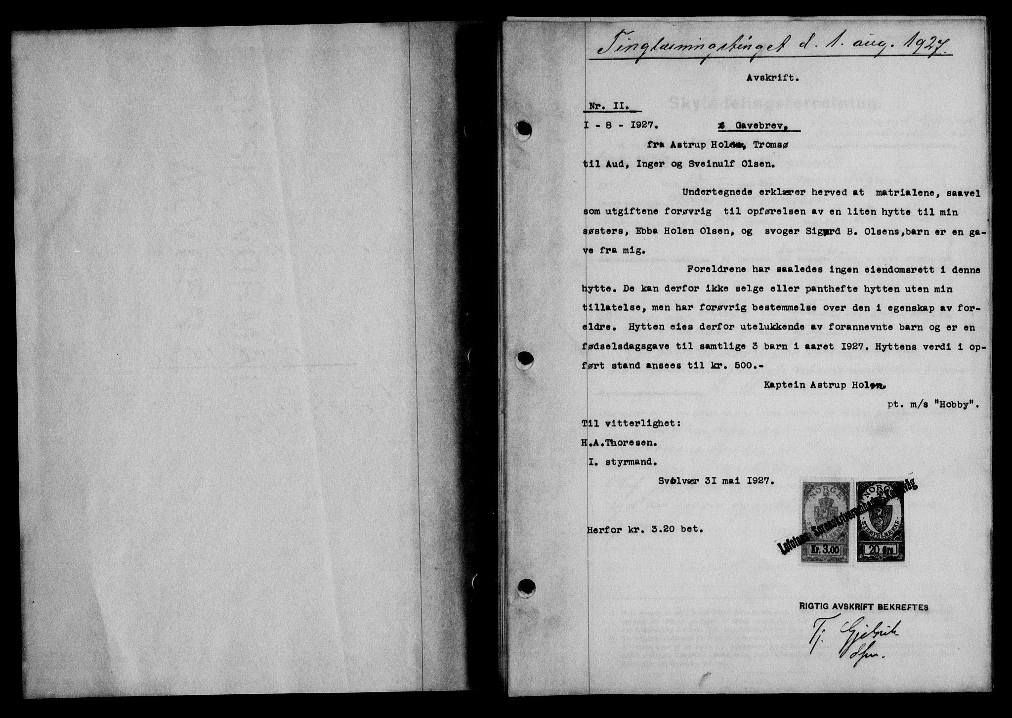 Lofoten sorenskriveri, SAT/A-0017/1/2/2C/L0016b: Mortgage book no. 16b, 1927-1927, Deed date: 01.08.1927