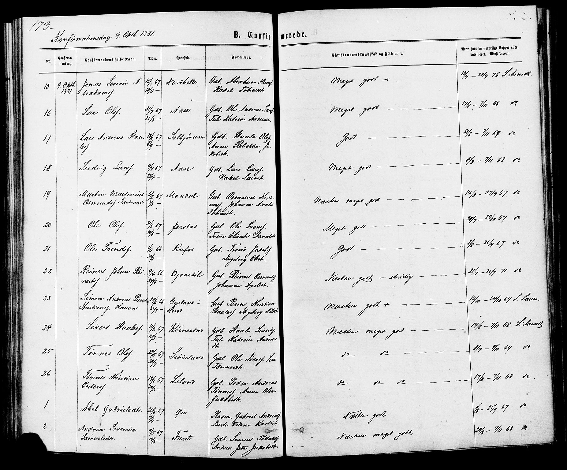 Kvinesdal sokneprestkontor, SAK/1111-0026/F/Fa/Fab/L0007: Parish register (official) no. A 7, 1870-1885, p. 174