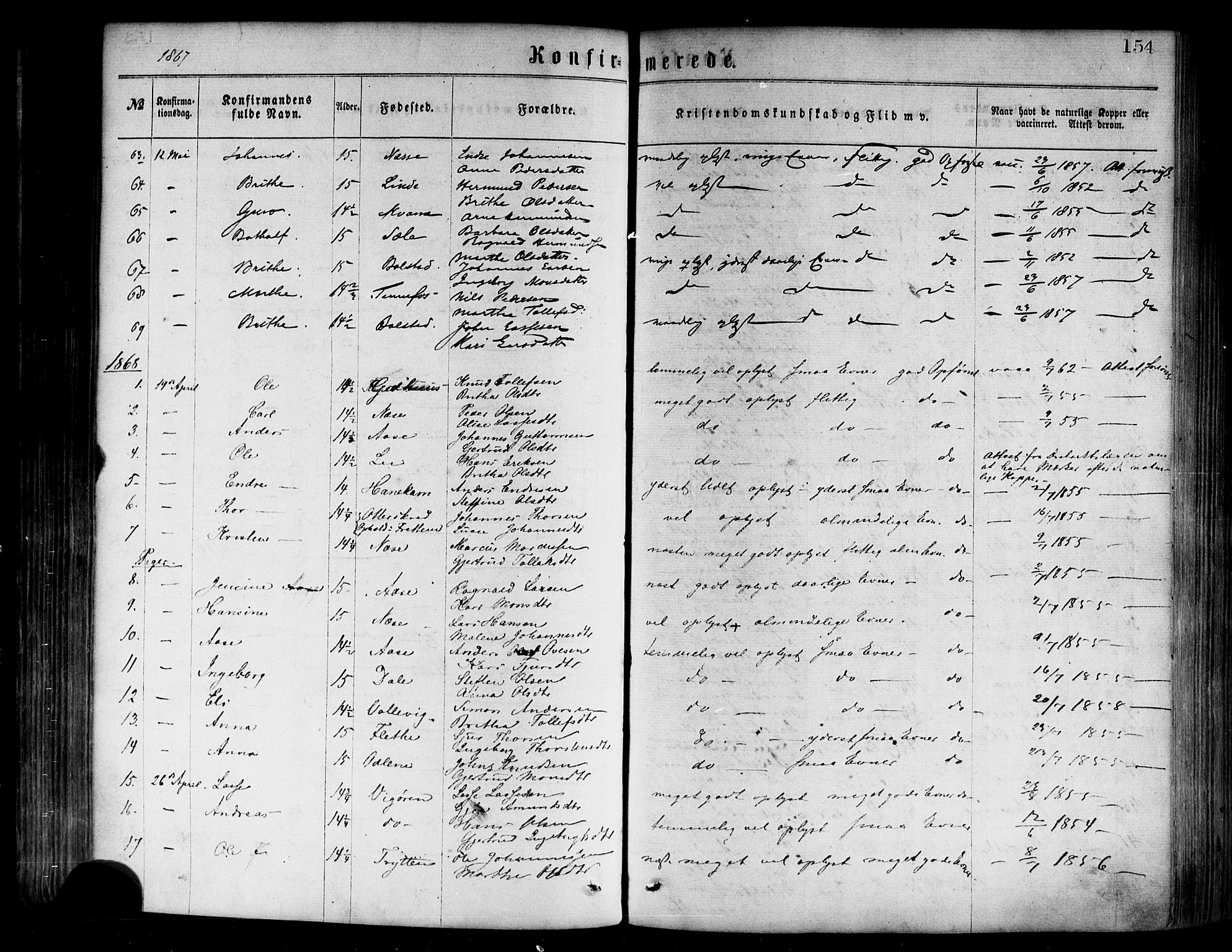 Vik sokneprestembete, AV/SAB-A-81501/H/Haa/Haaa/L0009: Parish register (official) no. A 9, 1866-1877, p. 154