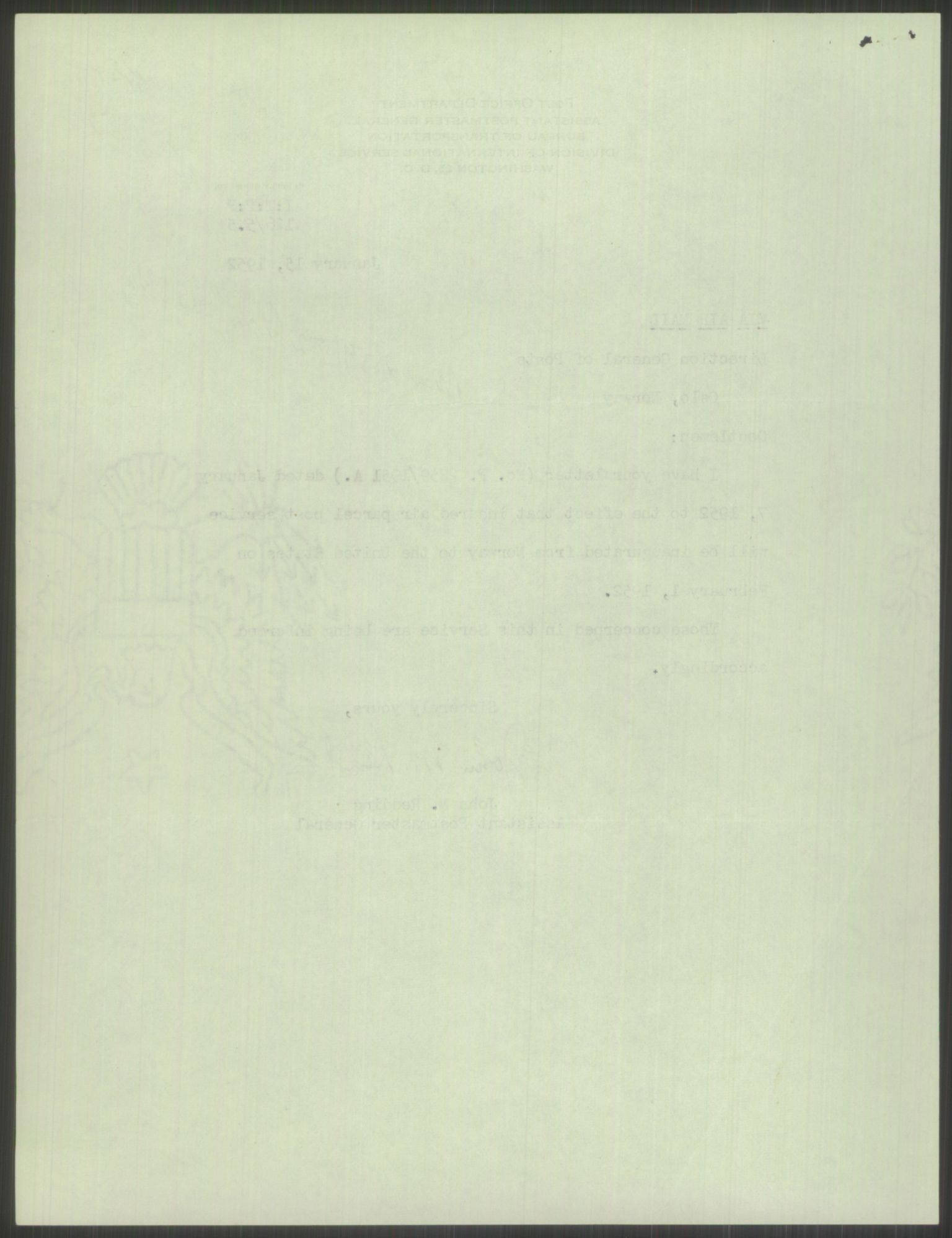 Postdirektoratet, Administrasjonsservice (TSA), AV/RA-S-4783/D/L0095/0002: De forskjellige tjenestegrener / Luftpakkepost, 1947-1965, p. 182