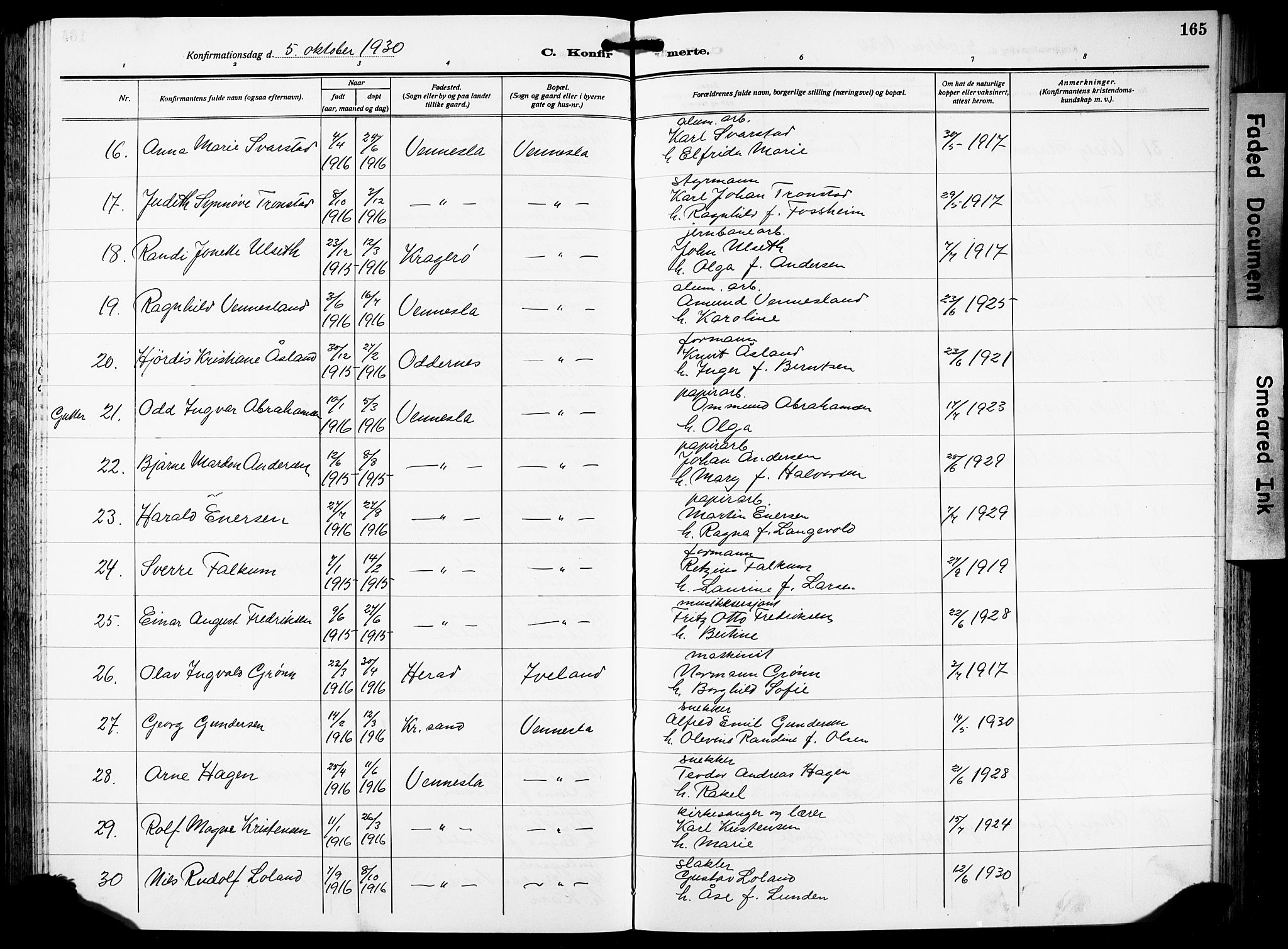 Vennesla sokneprestkontor, AV/SAK-1111-0045/Fb/Fbb/L0007: Parish register (copy) no. B 7, 1922-1933, p. 165