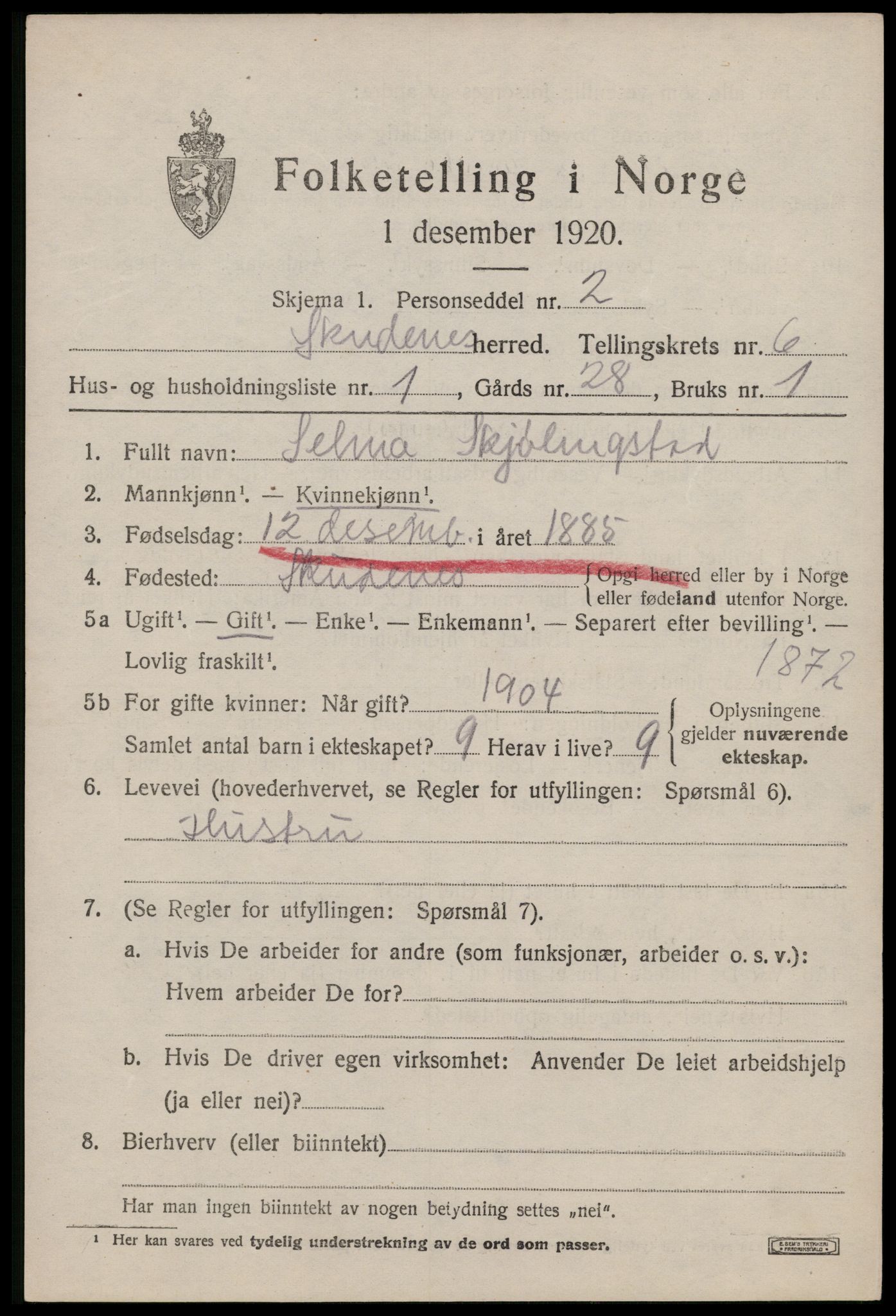 SAST, 1920 census for Skudenes, 1920, p. 4882