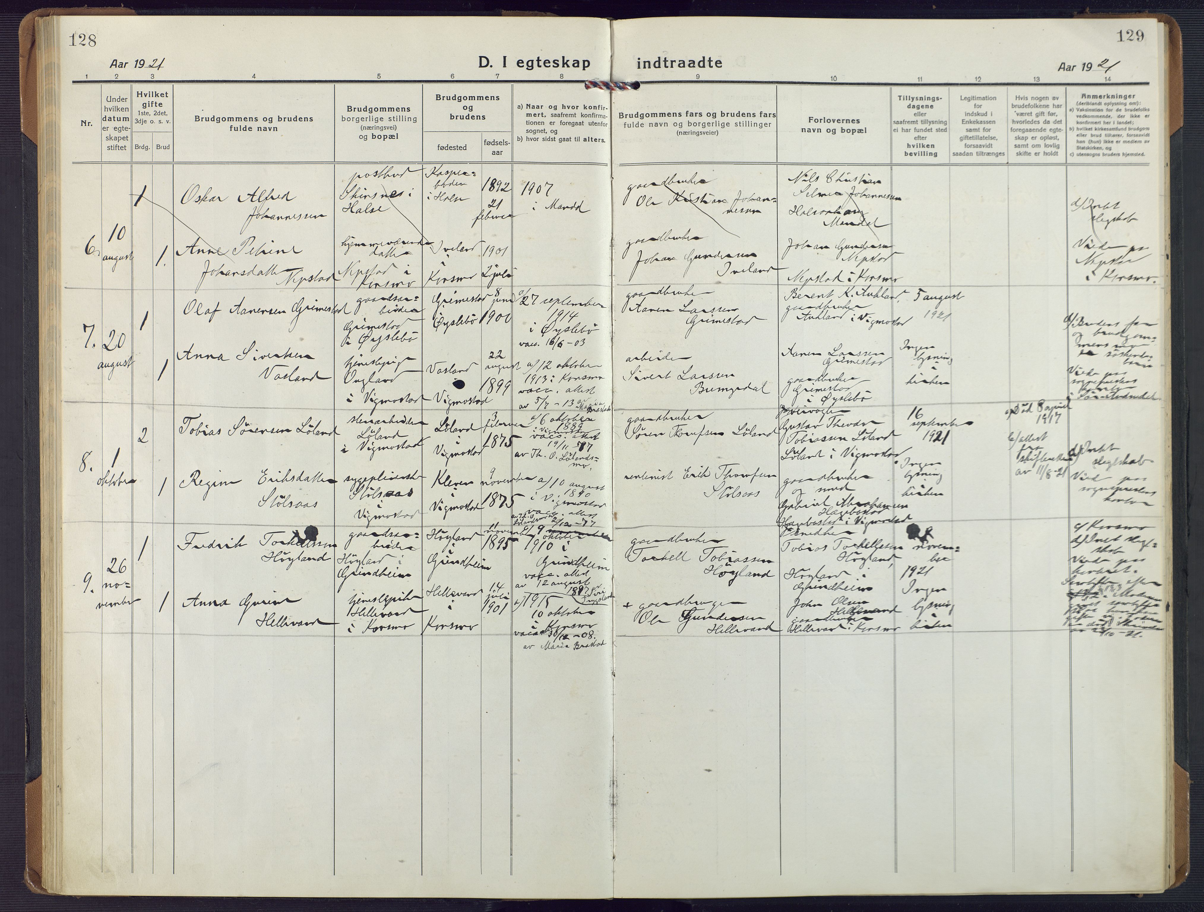 Nord-Audnedal sokneprestkontor, AV/SAK-1111-0032/F/Fa/Fab/L0005: Parish register (official) no. A 5, 1918-1925, p. 128-129