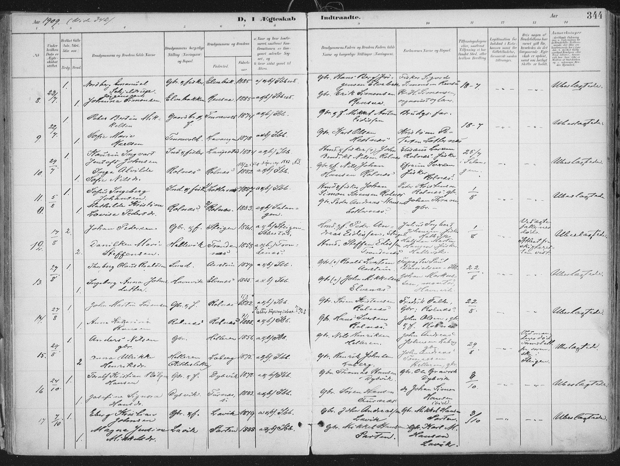 Ibestad sokneprestembete, SATØ/S-0077/H/Ha/Haa/L0017kirke: Parish register (official) no. 17, 1901-1914, p. 344