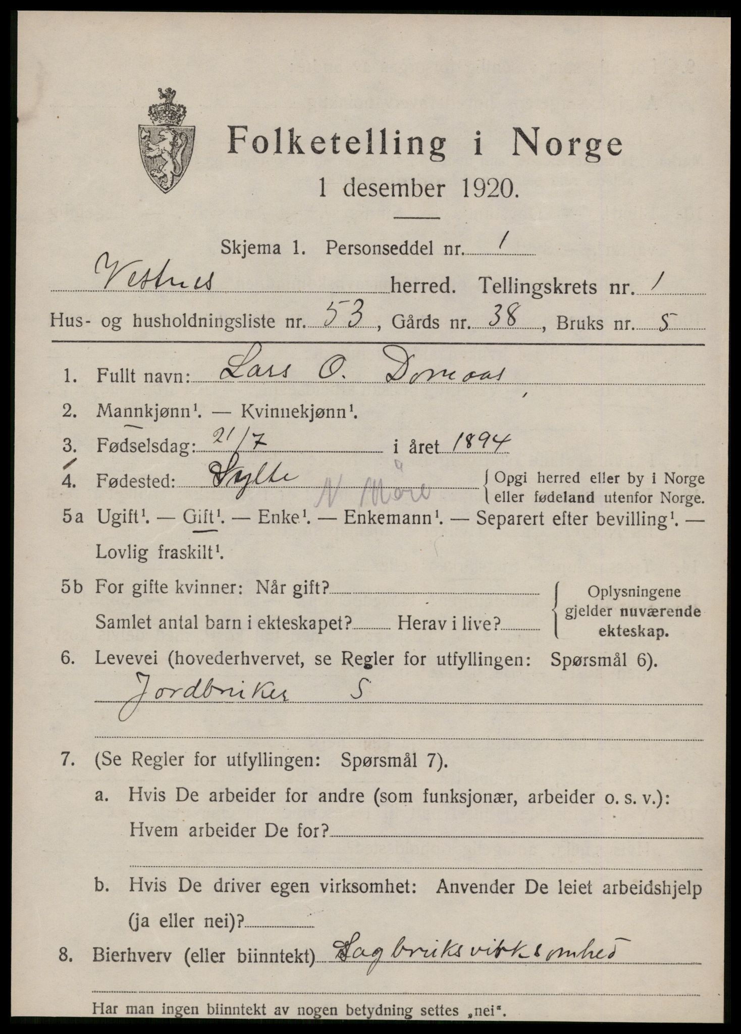 SAT, 1920 census for Vestnes, 1920, p. 1845