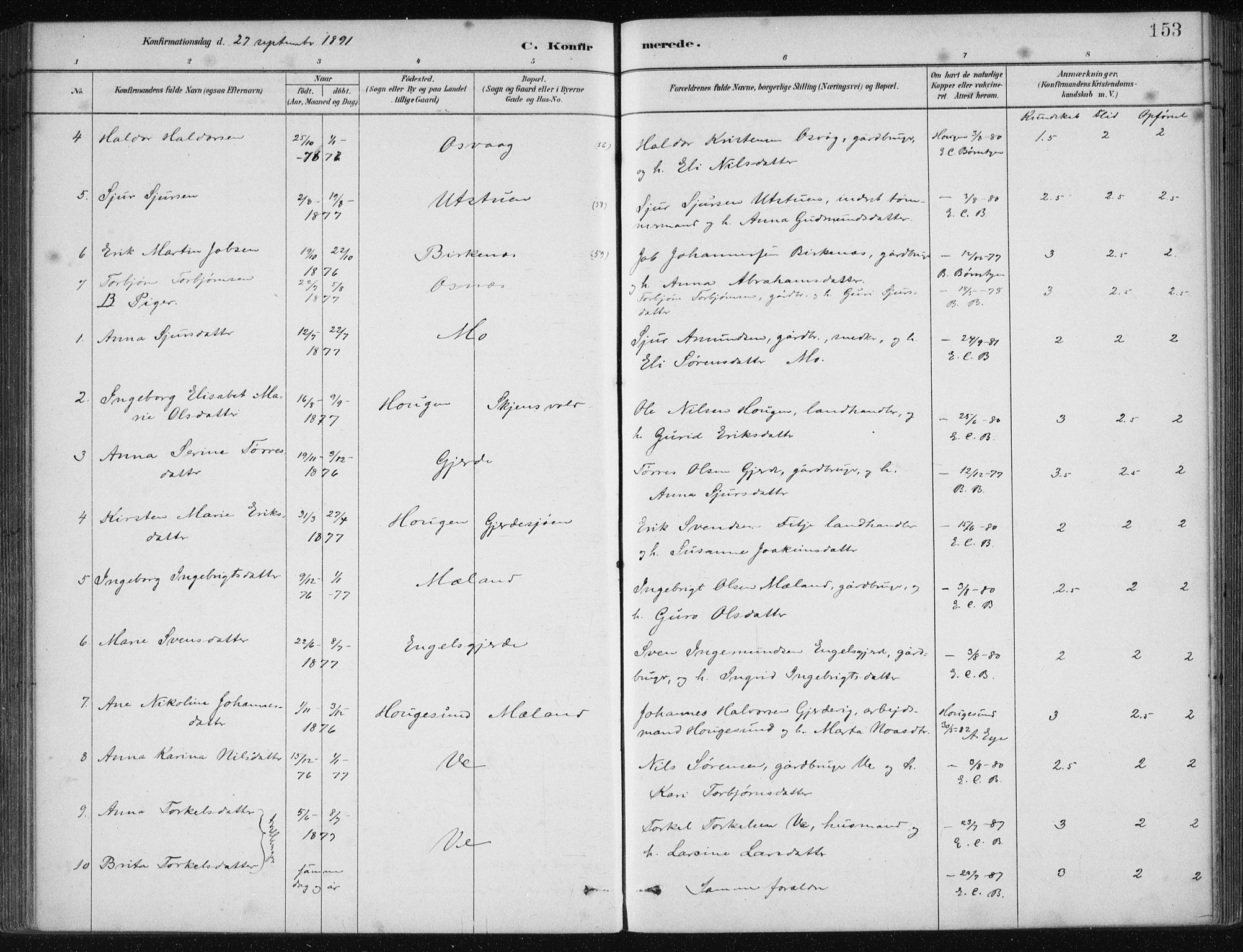 Etne sokneprestembete, AV/SAB-A-75001/H/Haa: Parish register (official) no. C  1, 1879-1919, p. 153