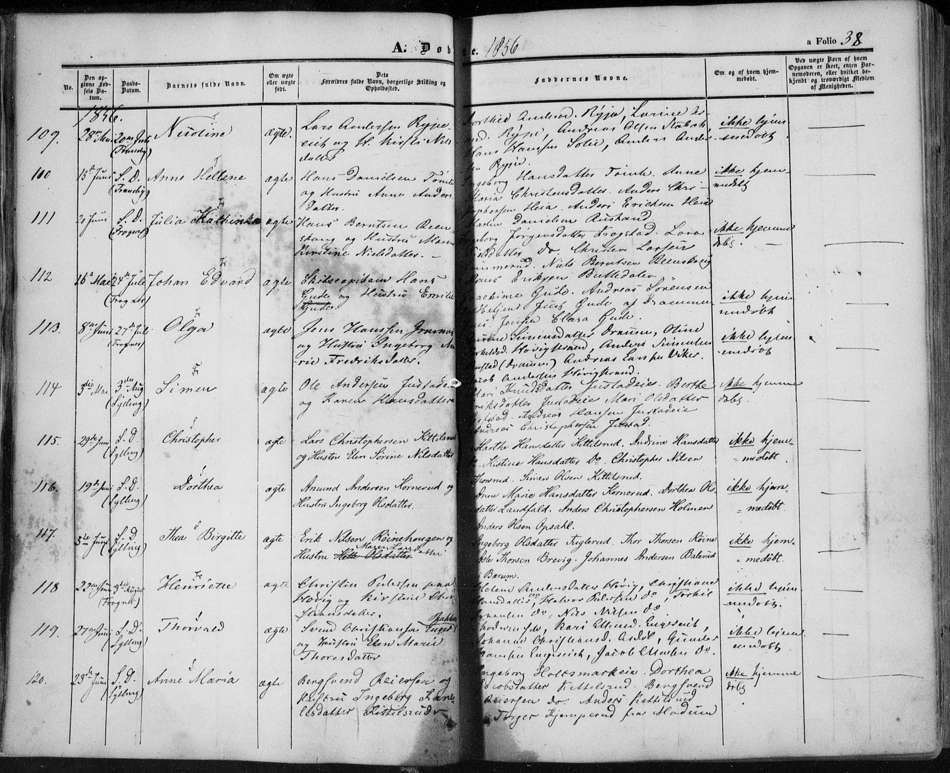 Lier kirkebøker, AV/SAKO-A-230/F/Fa/L0012: Parish register (official) no. I 12, 1854-1864, p. 38