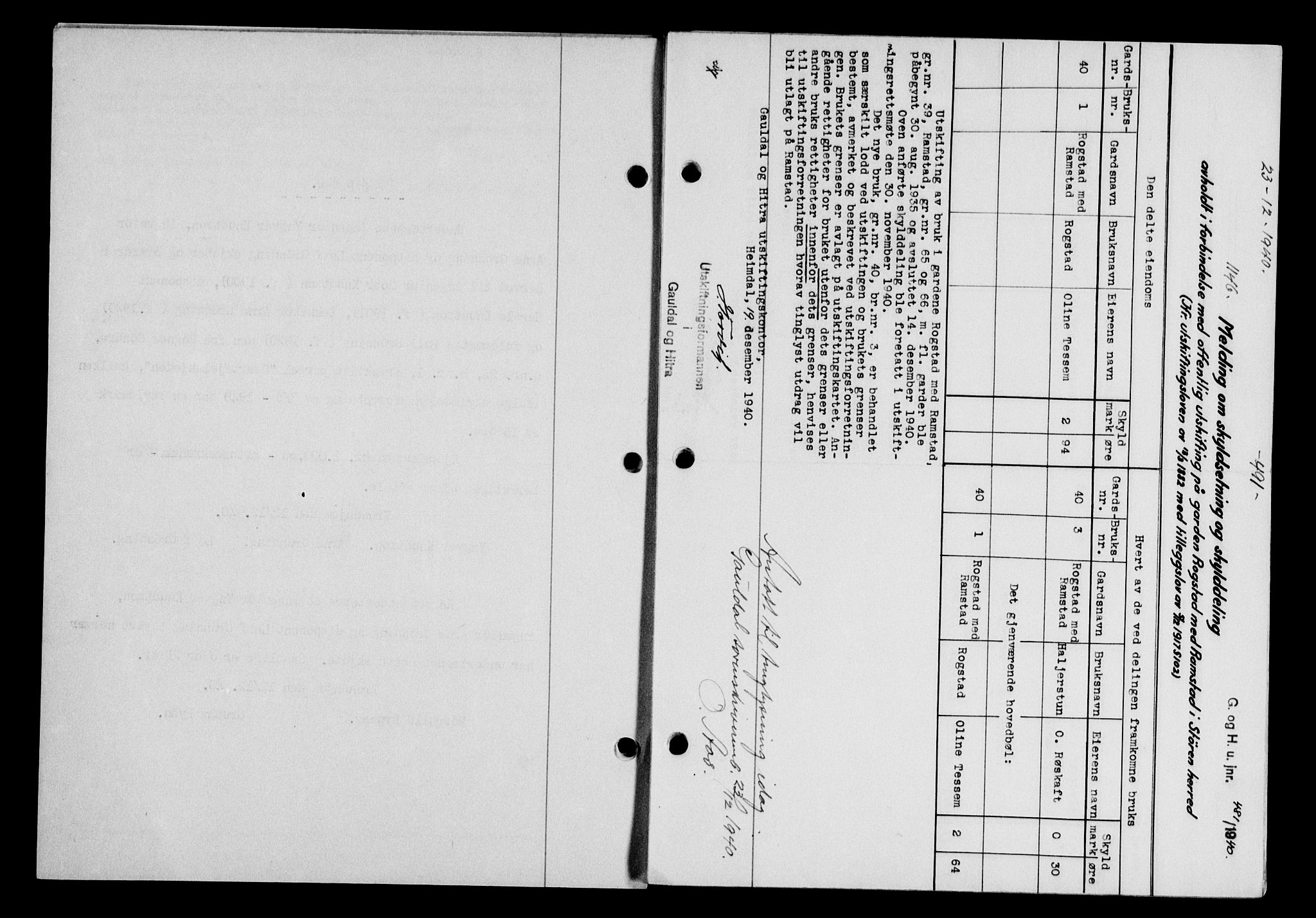 Gauldal sorenskriveri, SAT/A-0014/1/2/2C/L0052: Mortgage book no. 57, 1940-1941, Diary no: : 1146/1940