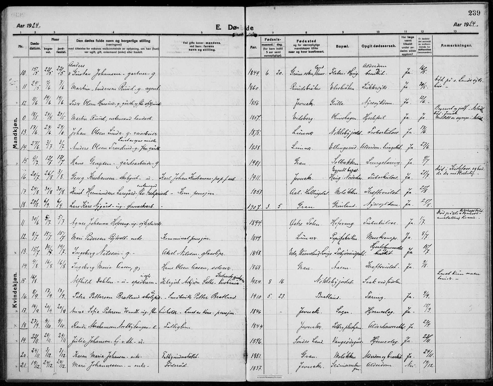 Jevnaker prestekontor, AV/SAH-PREST-116/H/Ha/Haa/L0012: Parish register (official) no. 12, 1914-1924, p. 239