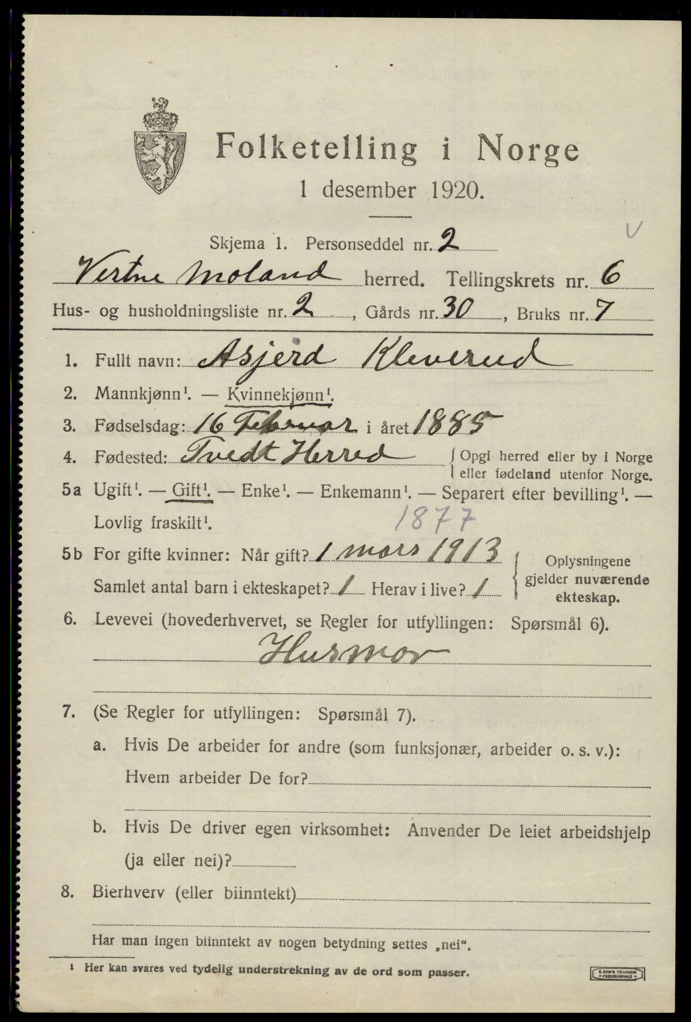 SAK, 1920 census for Vestre Moland, 1920, p. 4615