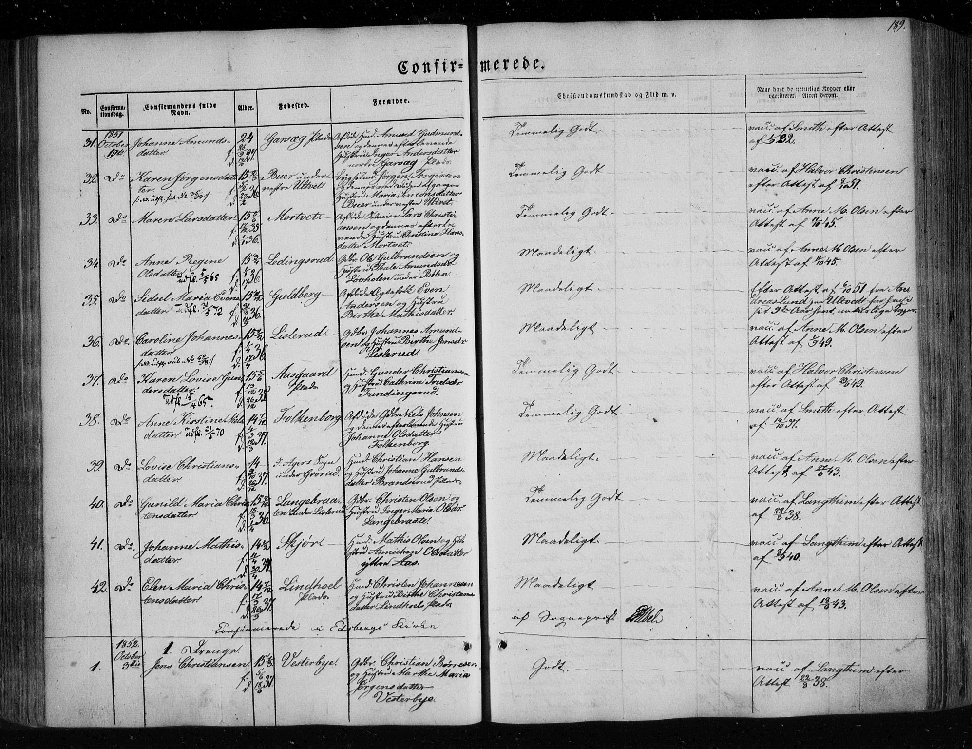 Eidsberg prestekontor Kirkebøker, SAO/A-10905/F/Fa/L0009: Parish register (official) no. I 9, 1849-1856, p. 189