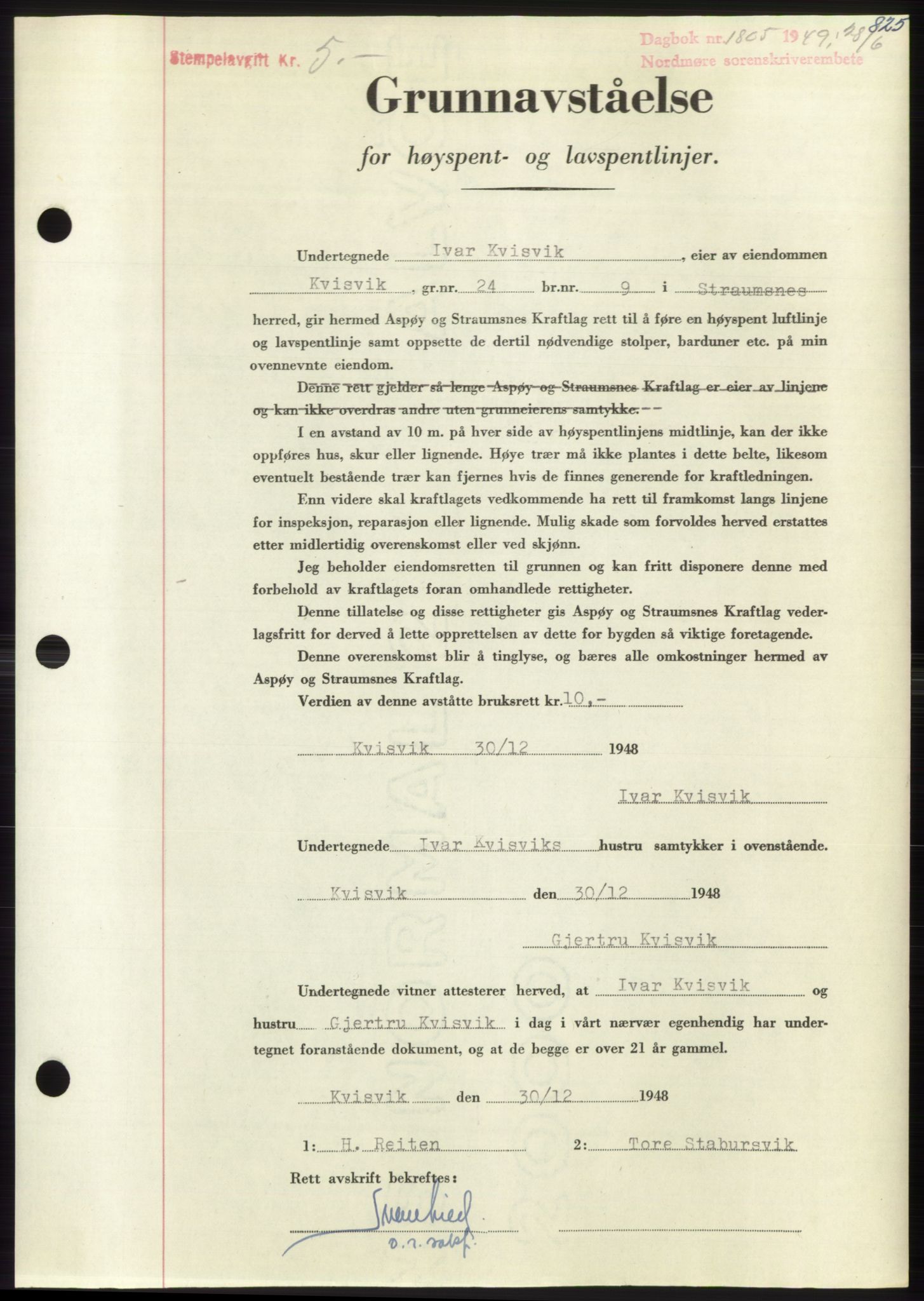 Nordmøre sorenskriveri, AV/SAT-A-4132/1/2/2Ca: Mortgage book no. B101, 1949-1949, Diary no: : 1805/1949