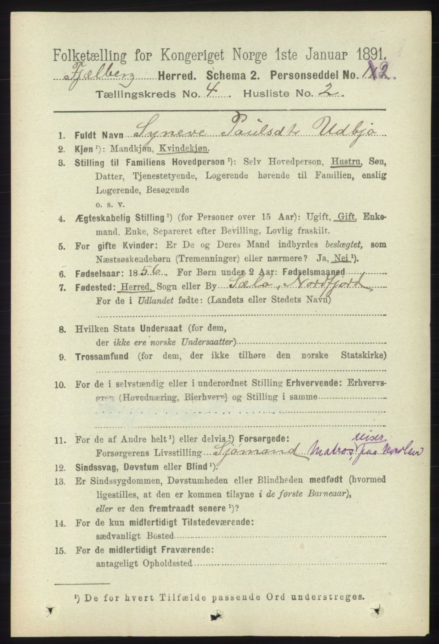 RA, 1891 census for 1213 Fjelberg, 1891, p. 1181