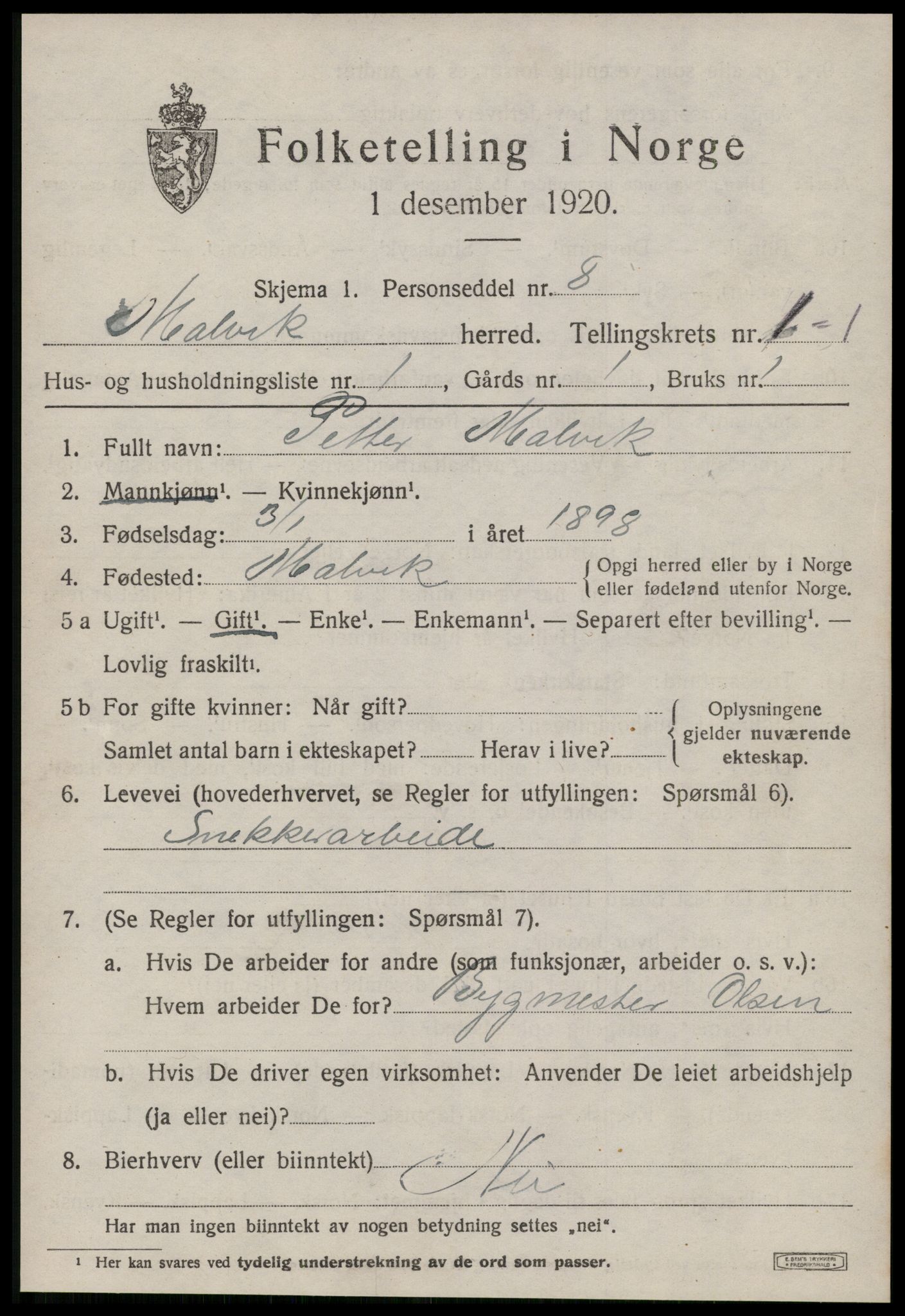 SAT, 1920 census for Malvik, 1920, p. 1204