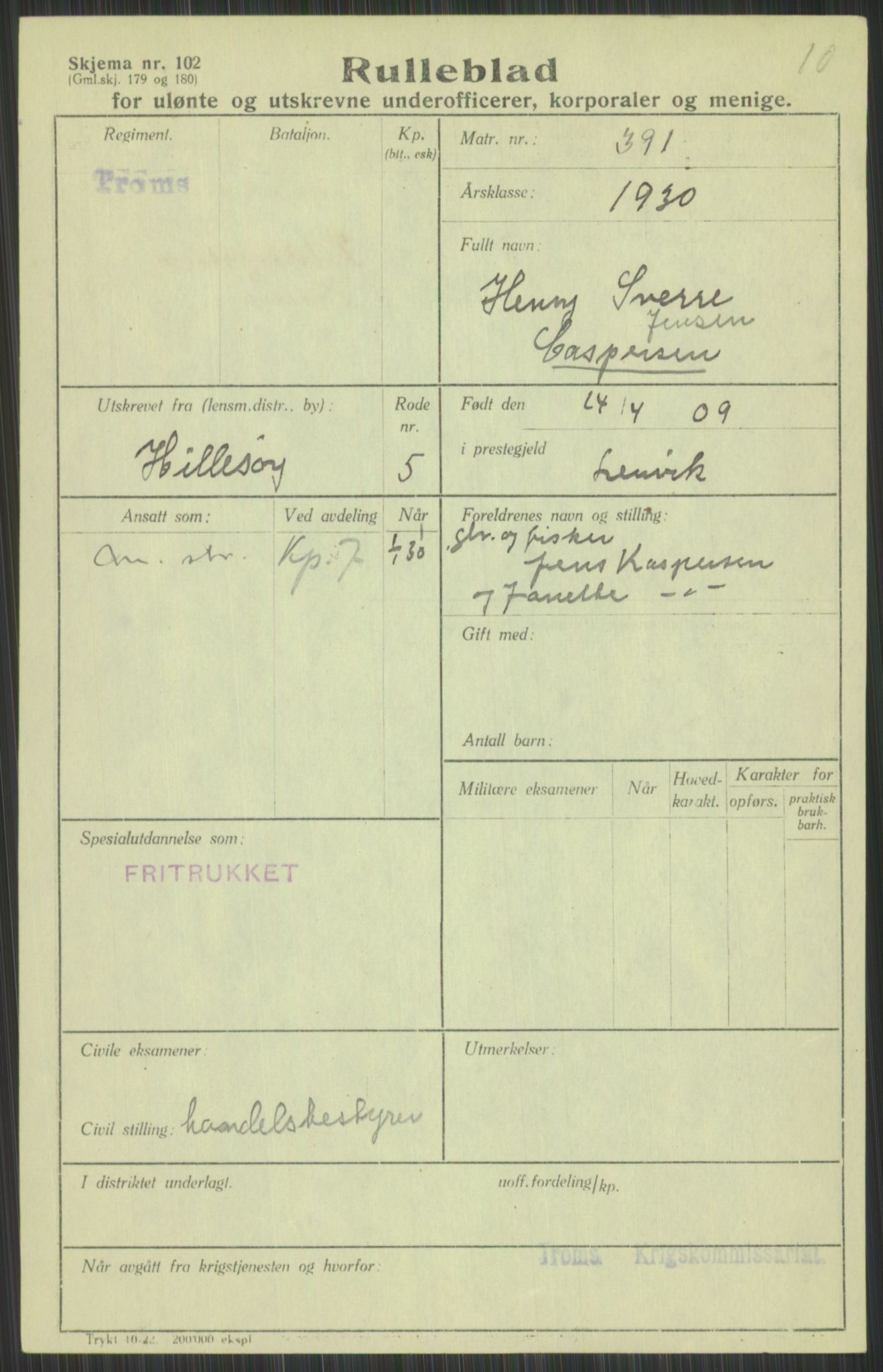 Forsvaret, Troms infanteriregiment nr. 16, AV/RA-RAFA-3146/P/Pa/L0014: Rulleblad for regimentets menige mannskaper, årsklasse 1930, 1930, p. 91