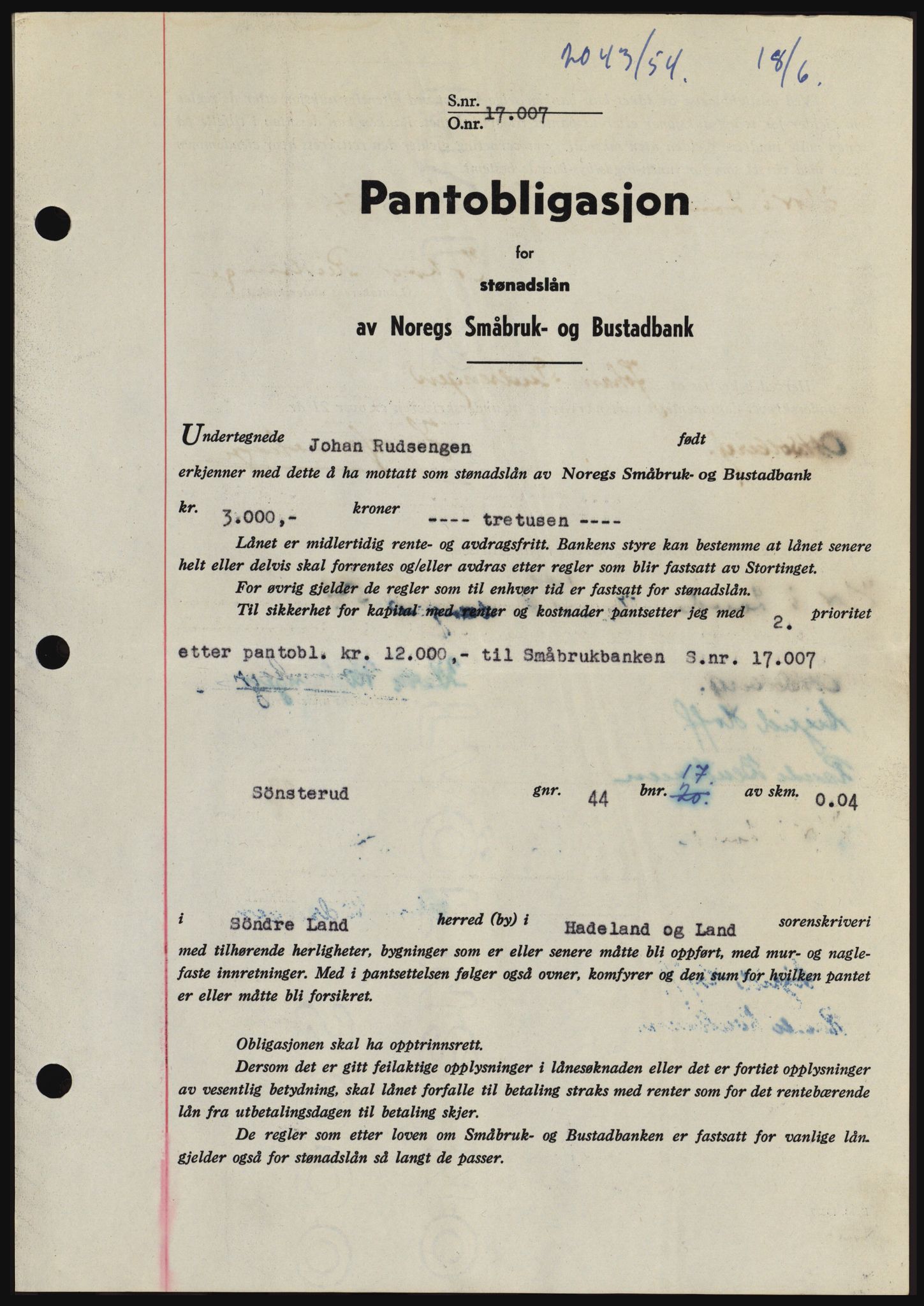 Hadeland og Land tingrett, SAH/TING-010/H/Hb/Hbc/L0030: Mortgage book no. B30, 1954-1954, Diary no: : 2043/1954