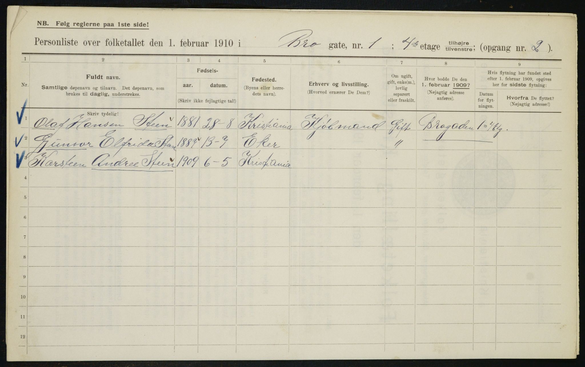 OBA, Municipal Census 1910 for Kristiania, 1910, p. 9299